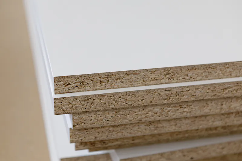 Stapel aus weiß beschichteten Spanplatten für den Möbelbau in der Nahaufnahme.
