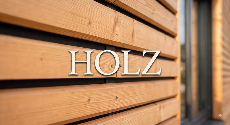 Detailaufnahme einer modernen Holzfassade mit horizontalen Holzlamellen und dem Schriftzug HOLZ.