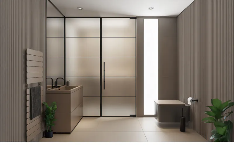 Modernes Badezimmer mit einer eleganten, schwarzen Lines-Glastür aus Satinato-Glas als Raumtrenner.