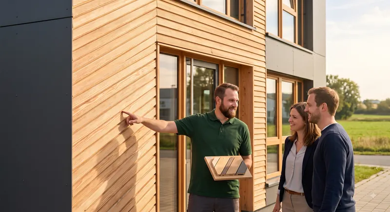Ein Experte von Holz Disselnmeyer berät ein Paar vor einer modernen Holzfassade und erklärt die Details der Bauweise.