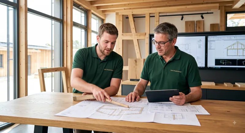 Zwei Zimmerer der Firma Disselnmeyer bei der fachkundigen Beratung zu einem Holzrahmenbau-Projekt anhand von Bauplänen und einem Tablet.