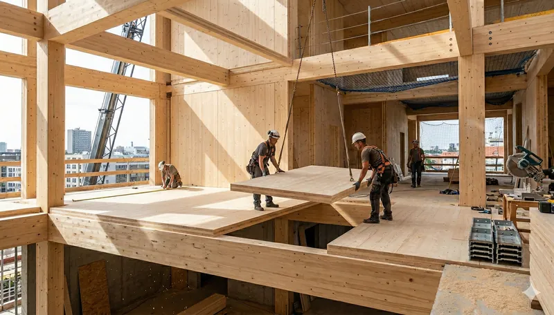 Handwerker bei der Montage einer 3-Schicht-Platte im modernen Holzrahmenbau auf einer Baustelle.