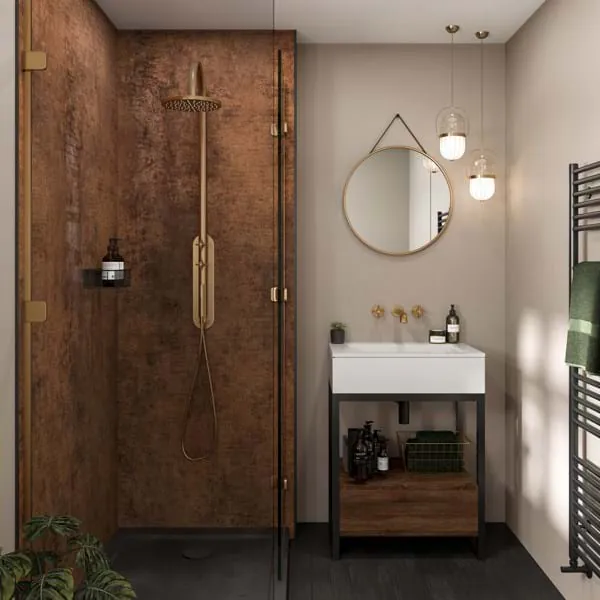 kleber-multipanel-holz-disselnmeyer-wandpaneele-badezimmer-aa0ba6cb Modernes Badezimmer mit hochwertigen Multipanel-Wandpaneelen in Holzoptik in der Dusche und stilvollem Waschbecken.