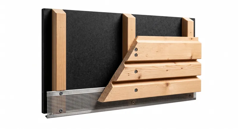 holzfassade-unterkonstruktion-holz-disselnmeyer-8c2fd86d Technischer Aufbau einer Holzfassade mit Unterkonstruktion, Holzschalung und Lüftungsprofil eines Disselnmeyer-Systems.