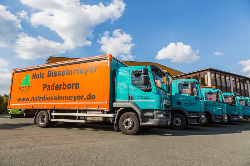 holz-disselnmeyer-lkw-fuhrpark-4a22f753 Der LKW-Fuhrpark von Holz Disselnmeyer aus Paderborn: Mehrere türkise Lastwagen stehen auf einem sonnigen Parkplatz.