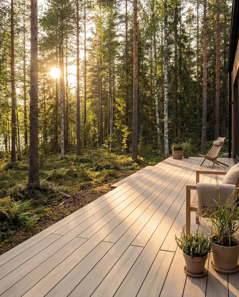 Moderne Lignum Terrassendiele von Megawood auf einer Terrasse im Wald bei Sonnenuntergang.