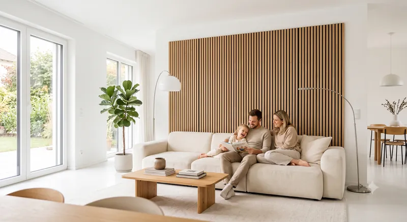 akustikpaneele-ratgeber-holz-disselnmeyer-2ac9052d Familie sitzt gemütlich auf einem Sofa vor einer modernen Wand mit Akustikpaneelen in Holzoptik im hellen Wohnzimmer.