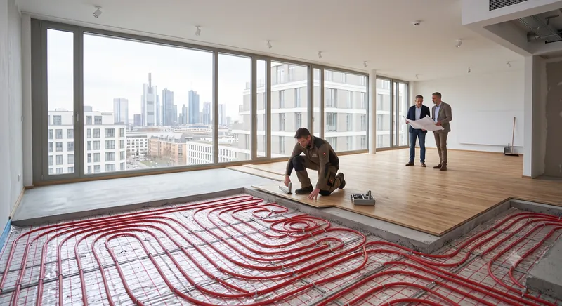 fussboden-fussbodenheizung-holz-disselnmeyer-bdc7eeb0 Handwerker verlegt Holzboden auf einer Fußbodenheizung in einer modernen Wohnung mit Skyline-Blick, während Bauleiter die Arbeiten begutachten.