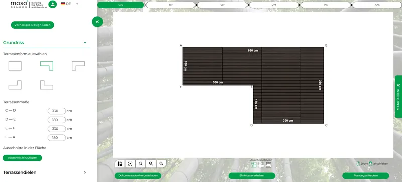 Screenshot des MOSO Online-Konfigurators, der einen bemaßten Grundriss einer L-förmigen Bambusterrasse zeigt.