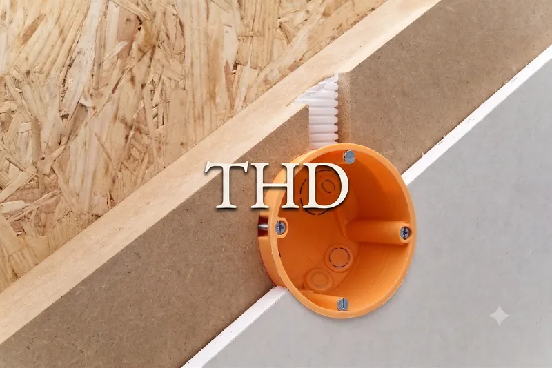 Montage einer orangen Hohlwanddose für die Elektroinstallation in einem Wandaufbau aus Agepan-Holzplatten und Gipskarton, versehen mit dem THD-Logo.