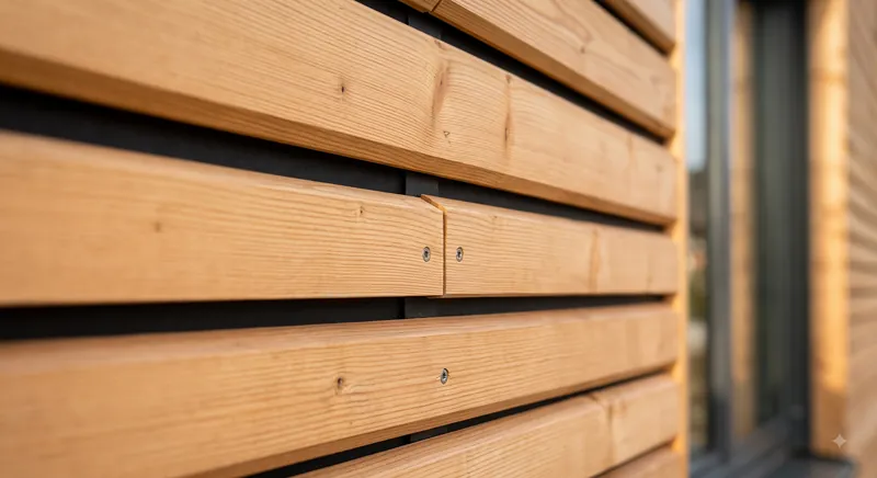 Nahaufnahme einer modernen Holzfassade mit Rhombusleisten und charakteristischen Schattenfugen.