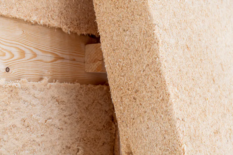Nahaufnahme einer ökologischen Holzfaserdämmung, die fachgerecht zwischen Holzbalken in einem Dachaufbau eingebaut wurde.