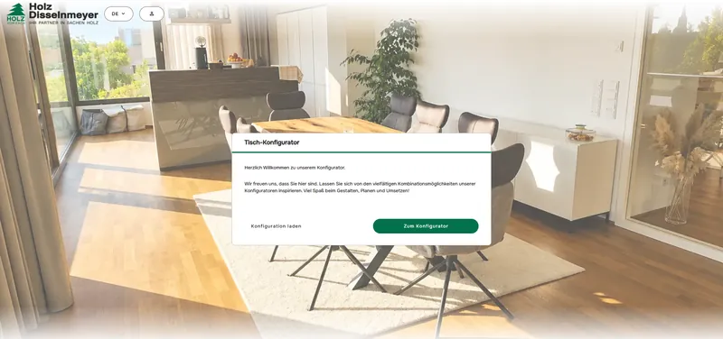 Startbildschirm des Holz Disselnmeyer Online-Tischkonfigurators zur Planung individueller Esstische.