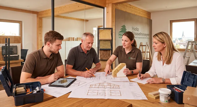 Das Team von Holzbau Disselnmeyer bespricht gemeinsam die Baupläne für ein neues Holzrahmenbau-Projekt.