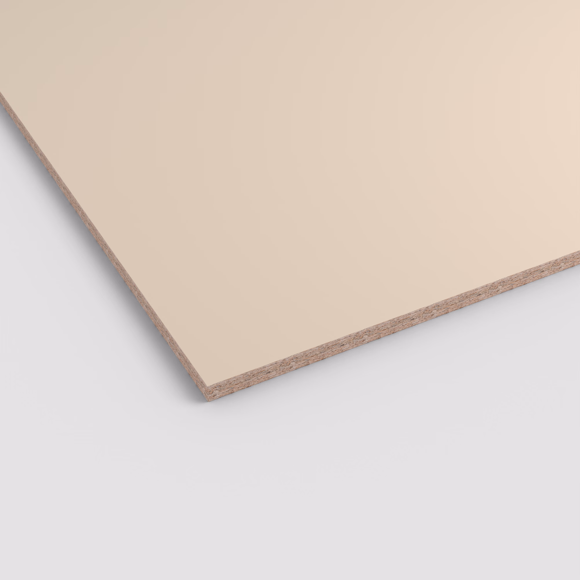 EGGER Dekorspanplatte U156 ST9 in Beige, 25 mm stark. Die Nahaufnahme zeigt die robuste, matte Unifarben-Oberfläche und den sichtbaren Spanplattenkern an der Schnittkante.