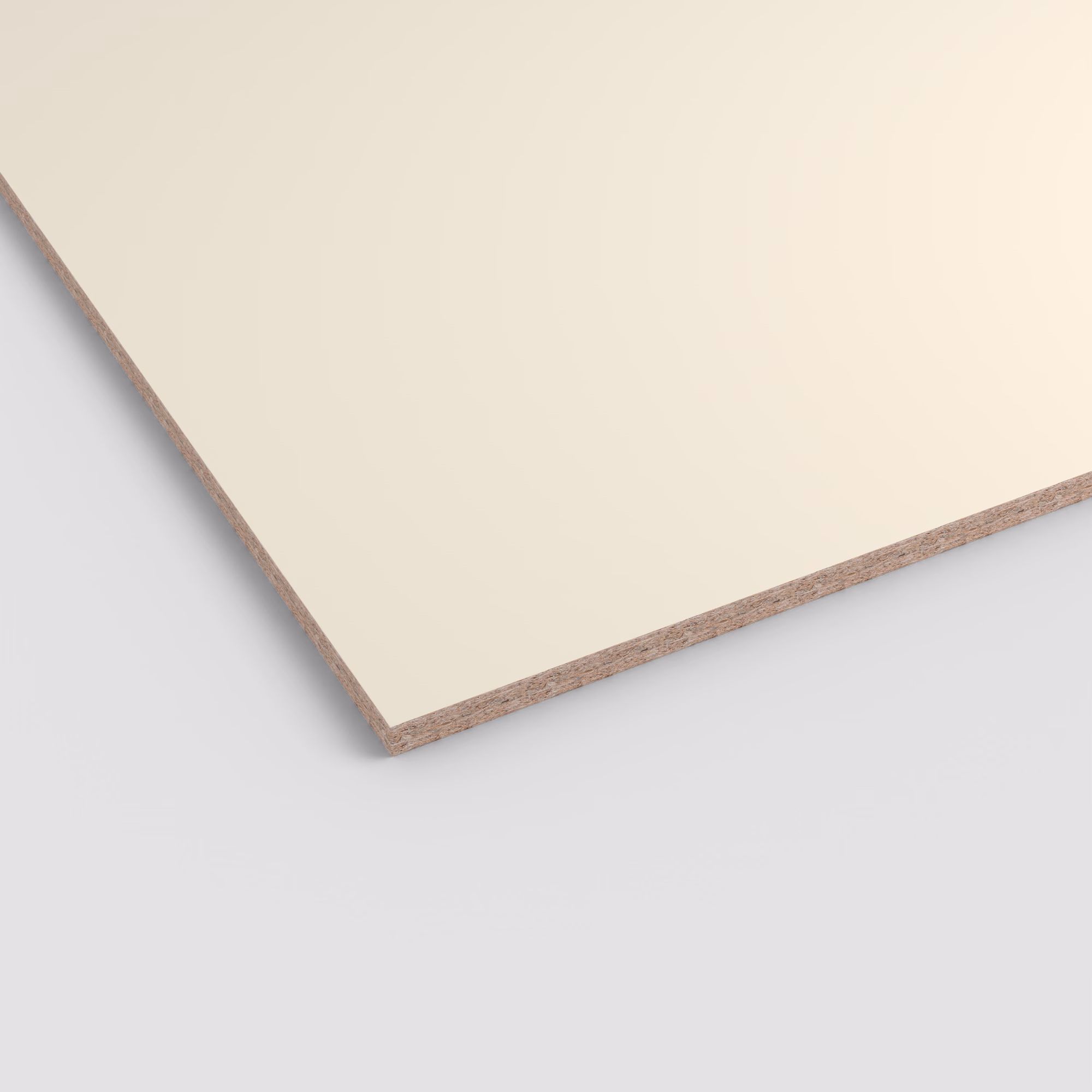 egger-19-mm-egger-eurodekor-span-u216-st9-19x2070x2800mm-recyclebar-abriebfest-unifarben-lichtecht-antimikrobielle-oberflaeche-span-01 EGGER Eurodekor Dekorspanplatte U216 ST9 mit matter, cremefarbener Oberfläche. Die Kante zeigt den 19mm starken Spanplattenkern.