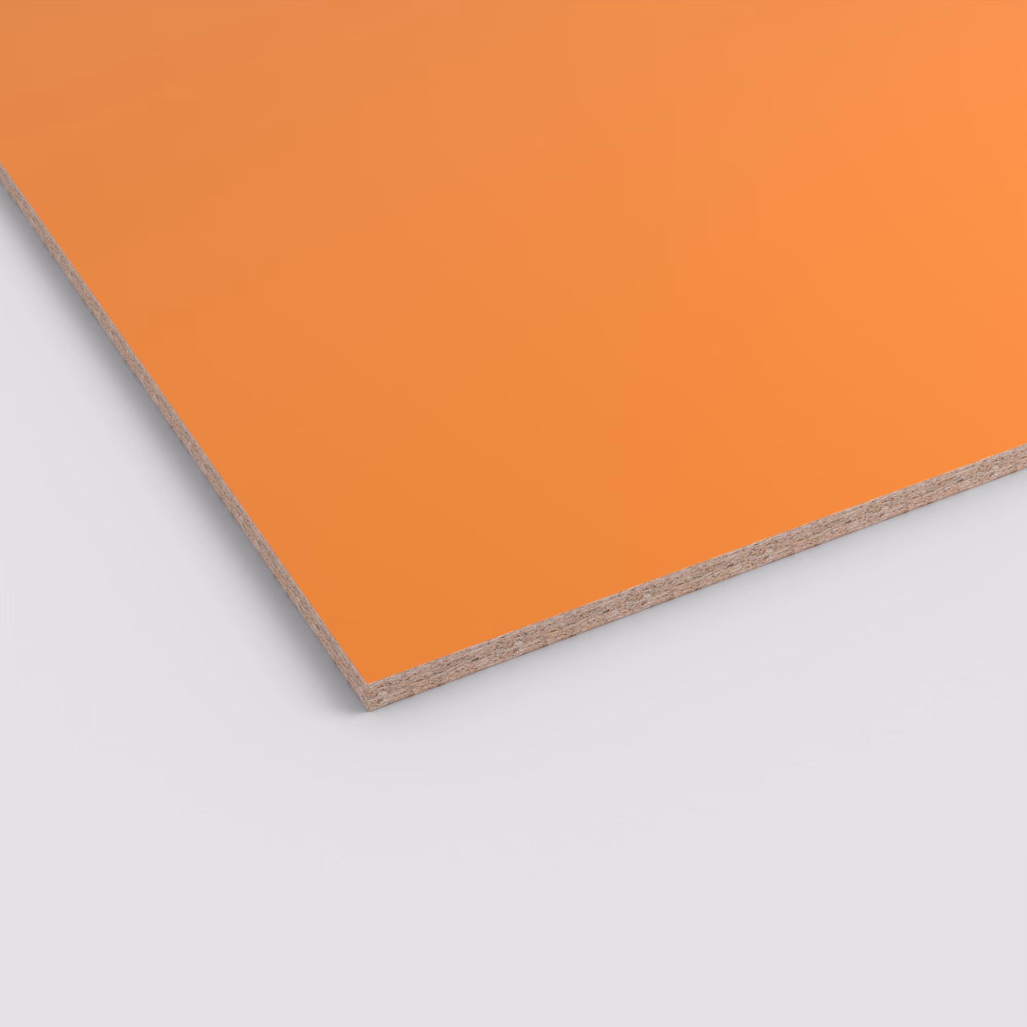 Unifarbene EGGER Eurodekor Spanplatte U332 ST9 in leuchtendem Orange mit glatter Oberfläche und sichtbarer 19 mm Spanplattenkante. Abriebfest und lichtecht.