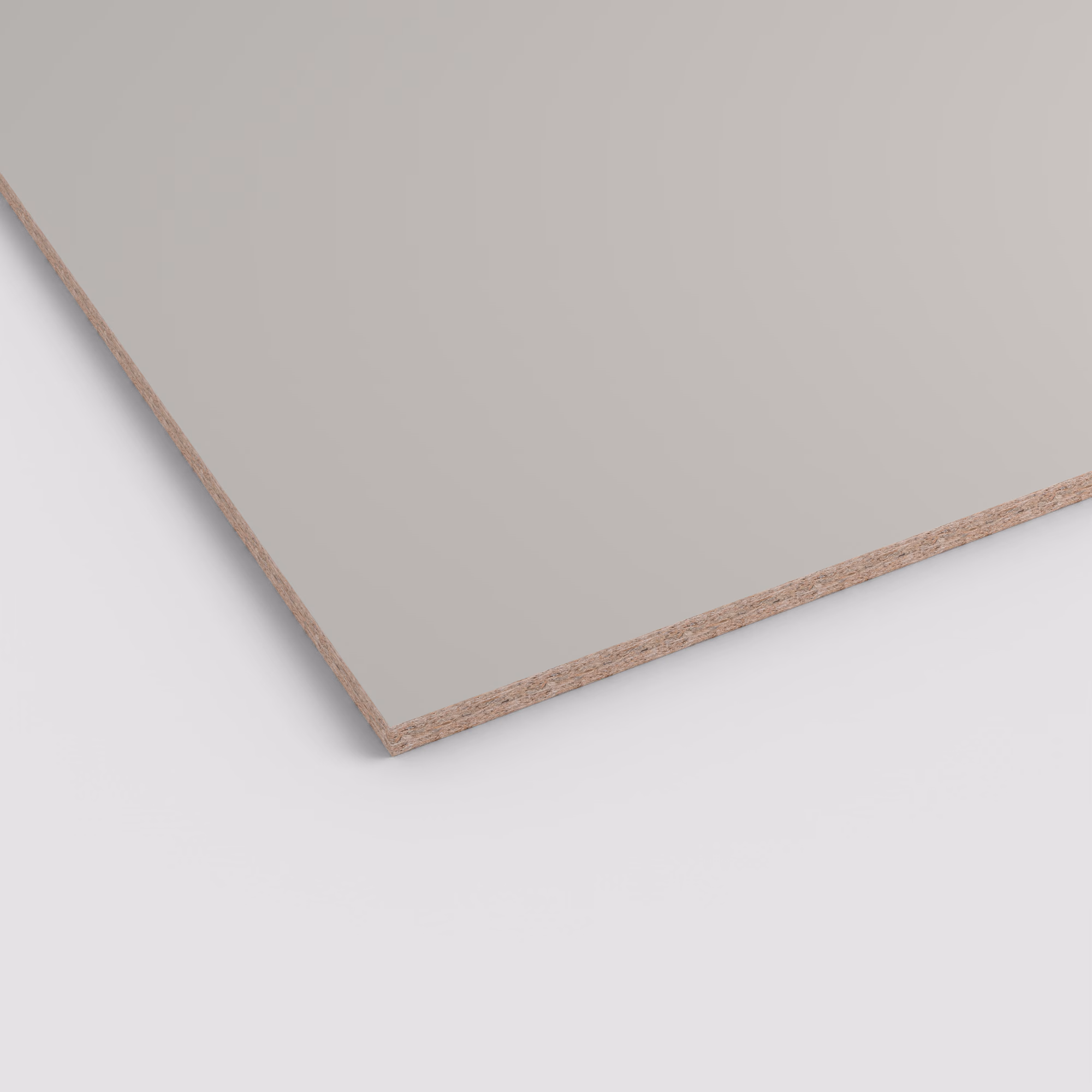 EGGER Eurodekor Spanplatte U763 ST9 mit lichtgrauer, unifarbener Oberfläche und sichtbarem Spanplattenkern an der Kante. Maße: 2800 x 2070 x 8 mm.