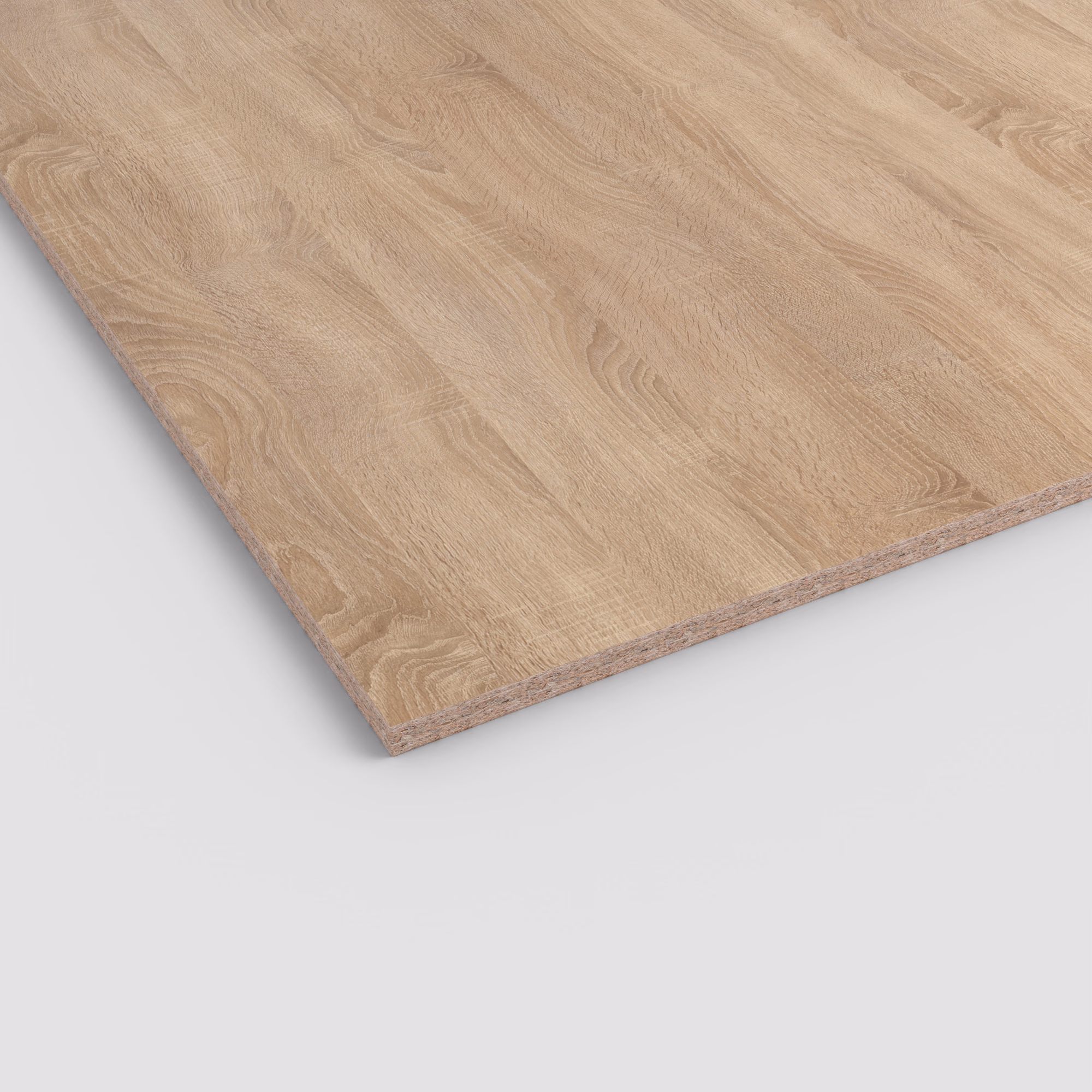 EGGER Dekorspanplatte H1145 ST10, 8 mm, in heller, natürlicher Eiche-Optik. Detailaufnahme der Oberfläche mit Holzmaserung und sichtbarem Span-Kern an der Kante.