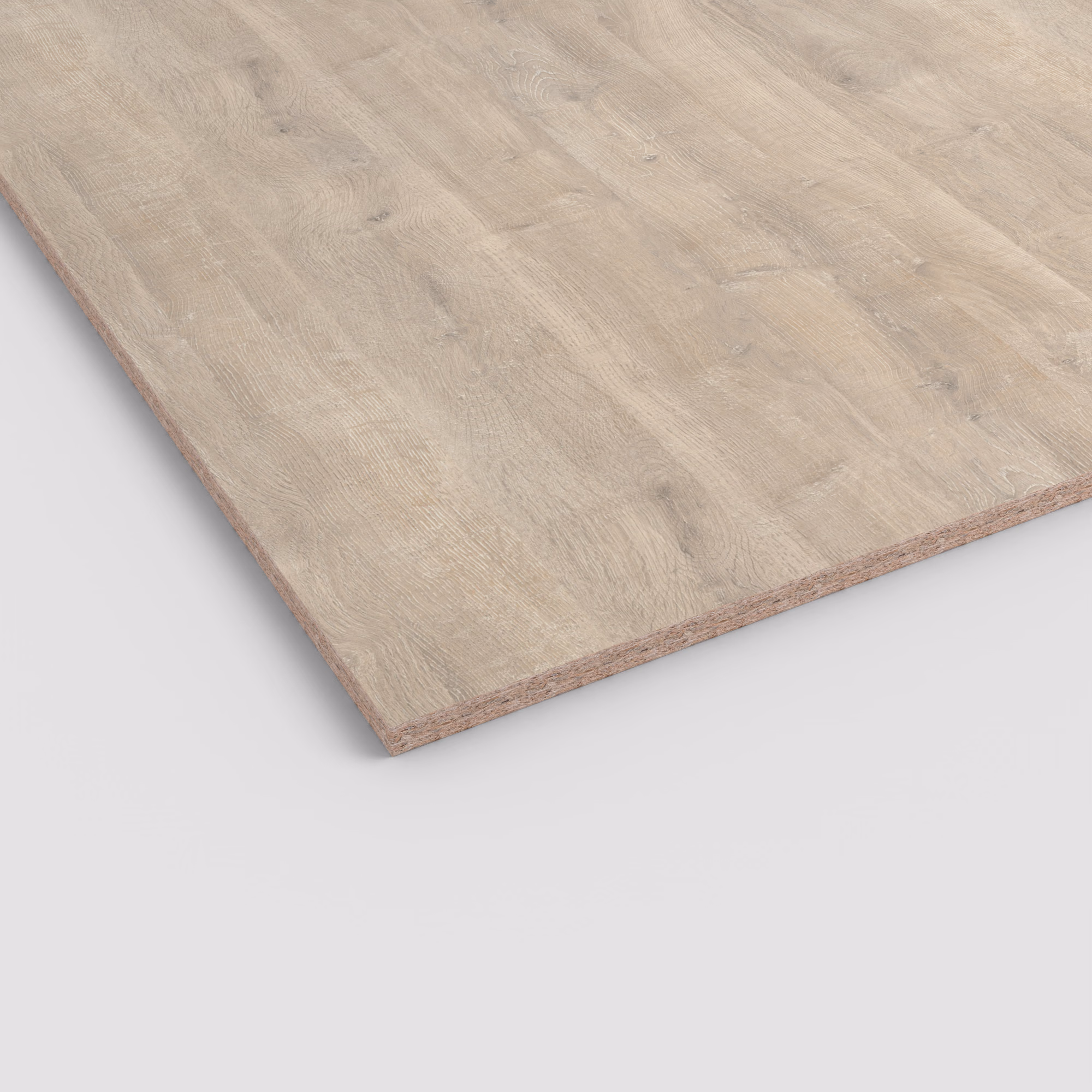 egger-19-mm-egger-eurodekor-span-h1312-st10-19x2070x2800mm-recyclebar-abriebfest-lichtecht-antimikrobielle-oberflaeche-span-01 Ansicht der EGGER Eurodekor Dekorspanplatte H1312 ST10 (19 mm). Helles Eichen-Dekor mit authentischer Maserung und sichtbarem Spanplattenkern an der Schnittkante. Abriebfest und antimikrobiell.
