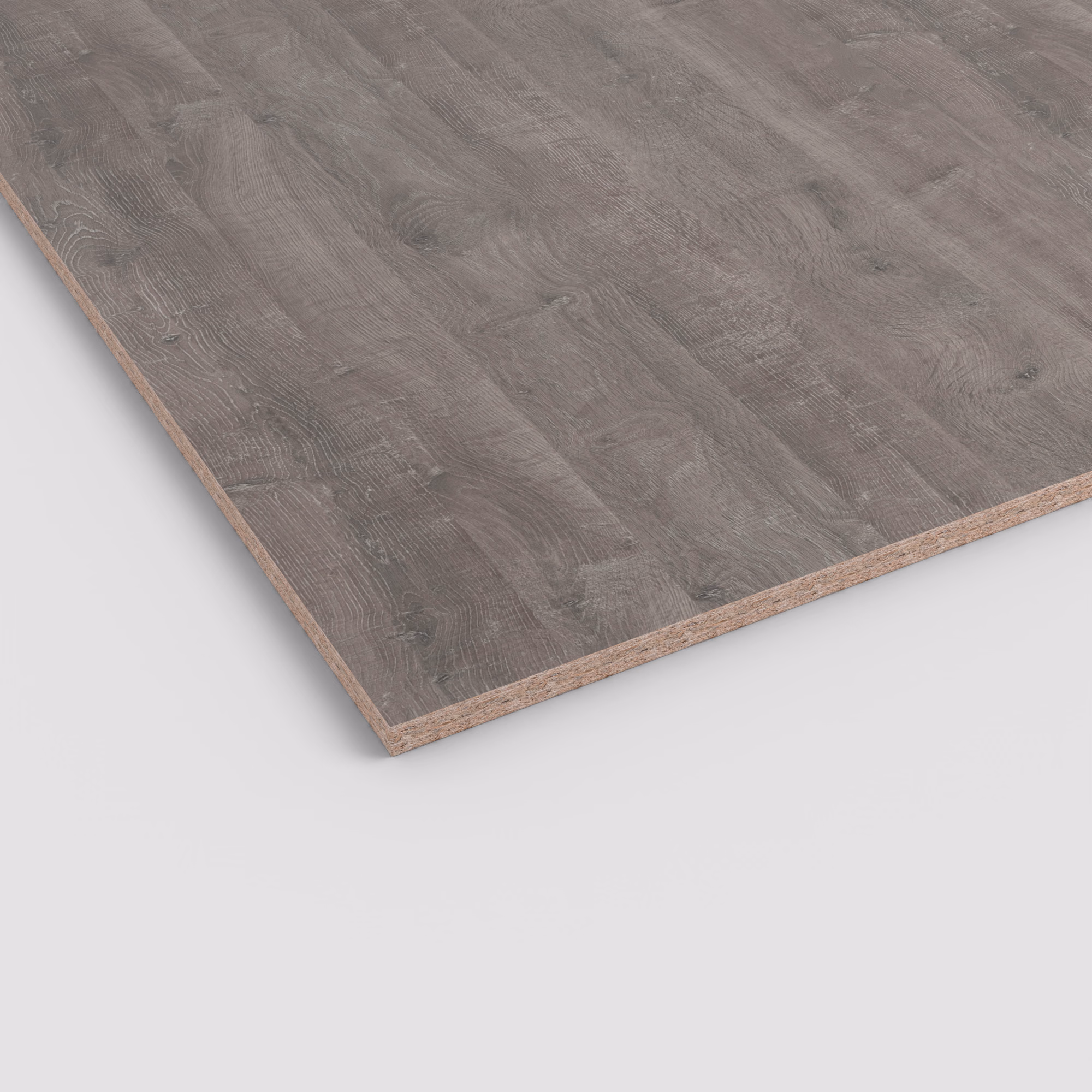 egger-19-mm-egger-eurodekor-span-h1313-st10-19x2070x2800mm-recyclebar-abriebfest-lichtecht-antimikrobielle-oberflaeche-span-holz-01 EGGER Eurodekor Dekorspanplatte H1313 ST10 in 19 mm. Graubraune Holzoptik mit authentischer Maserung und sichtbarem Span-Trägermaterial an der Kante.