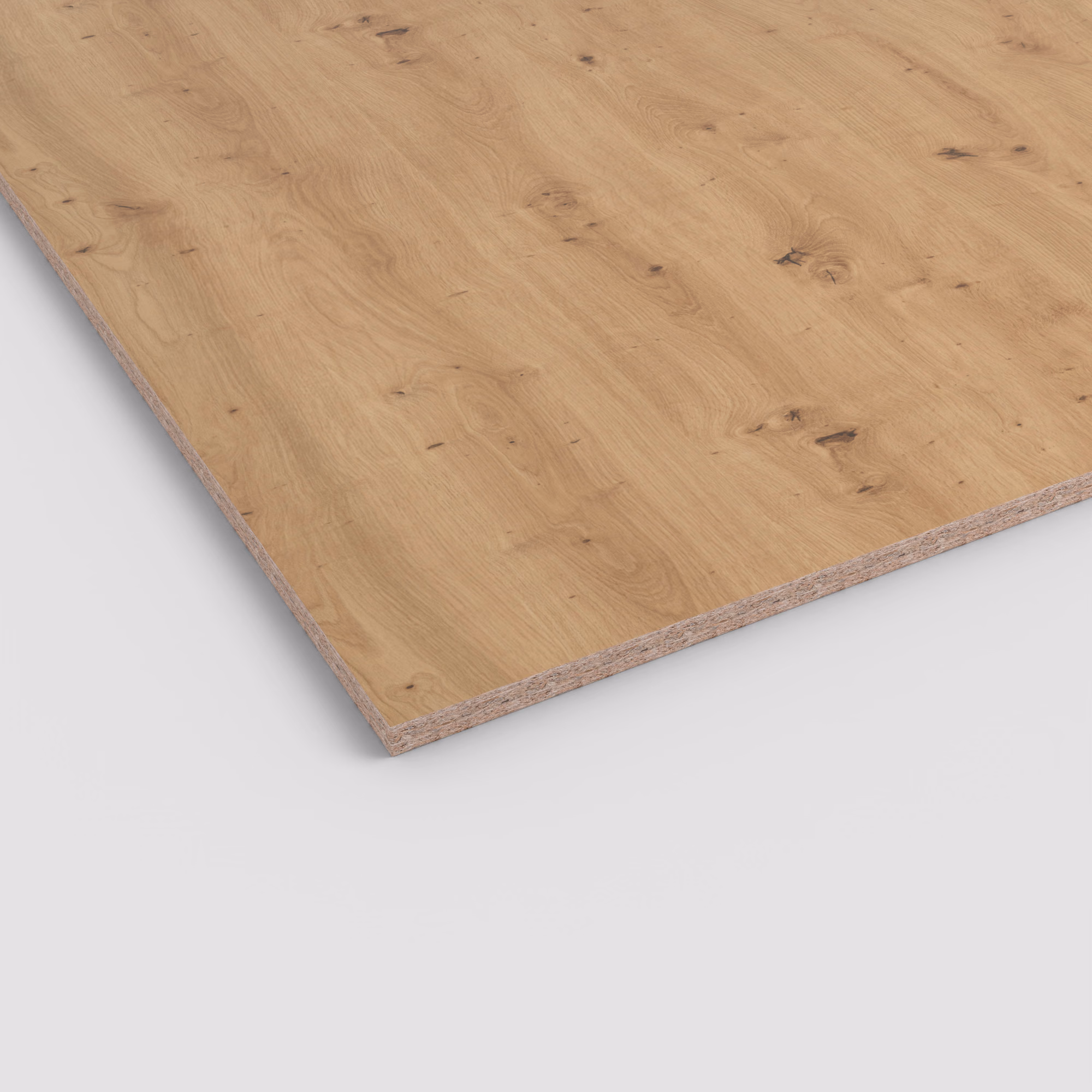 Egger Eurodekor Spanplatte H1318 ST10 Wildeiche natur. Die 8 mm starke Dekorspanplatte zeigt eine rustikale Holzoptik mit Ästen und den sichtbaren Span-Kern an der Kante. 2800x2070mm.