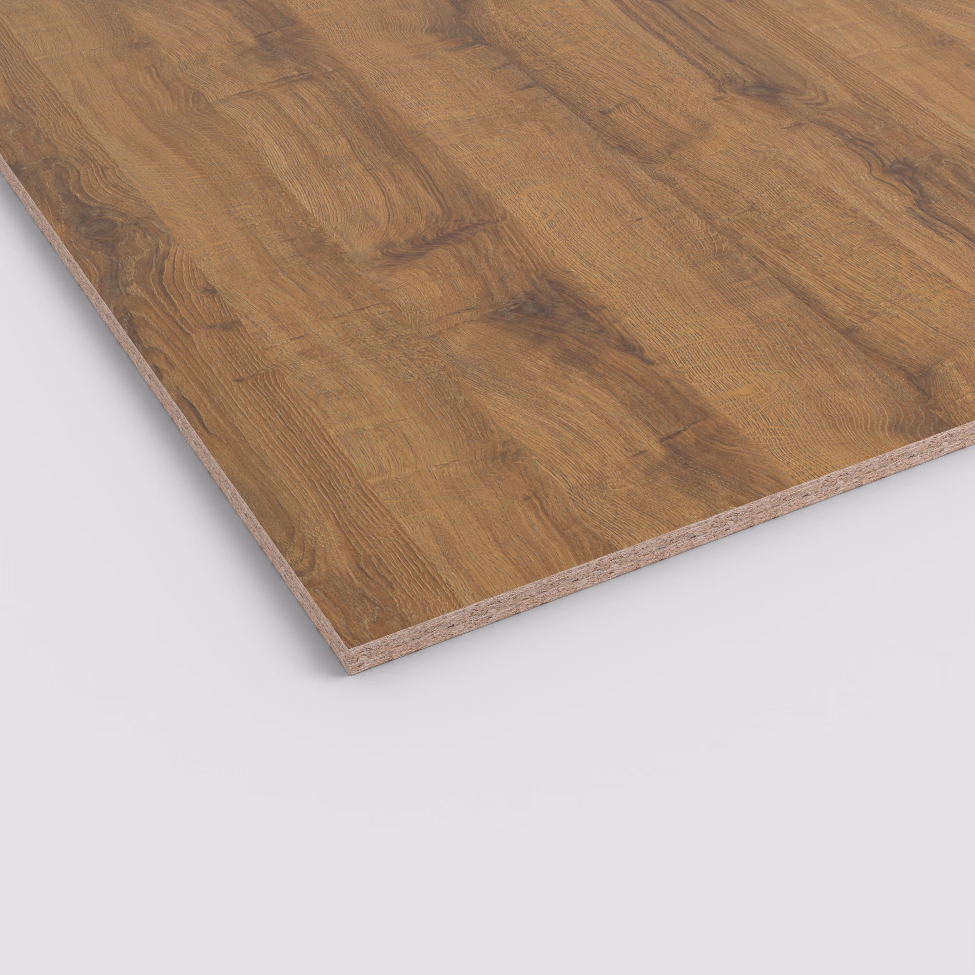 Mittelbraune EGGER Eurodekor Spanplatte H1344 ST32 mit realistischer Eiche-Holzmaserung. Die 19,6 mm starke Dekorplatte zeigt den Span-Kern an der Kante und ist abriebfest sowie antimikrobiell.