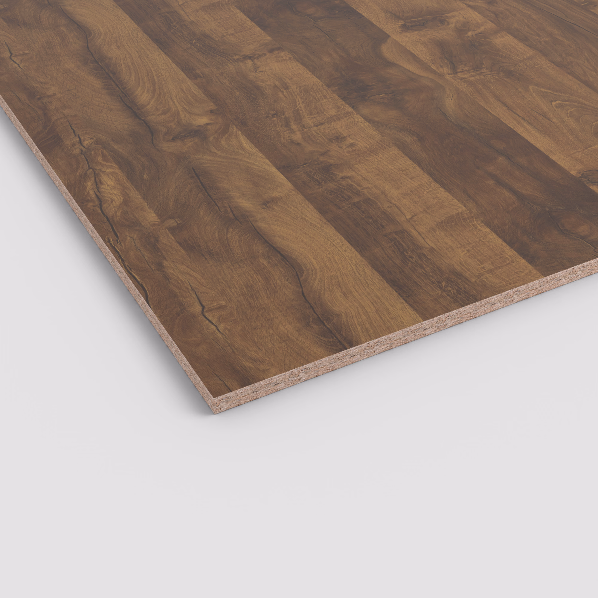 egger-19-mm-egger-eurodekor-span-h2033-st10-19x2070x2800mm-recyclebar-abriebfest-lichtecht-antimikrobielle-oberflaeche-span-holz-01 Dunkelbraune Egger Eurodekor Span H2033 ST10 Dekorspanplatte mit lebhafter, rustikaler Eichenmaserung. Die Schnittkante zeigt den 19 mm starken Span-Träger.