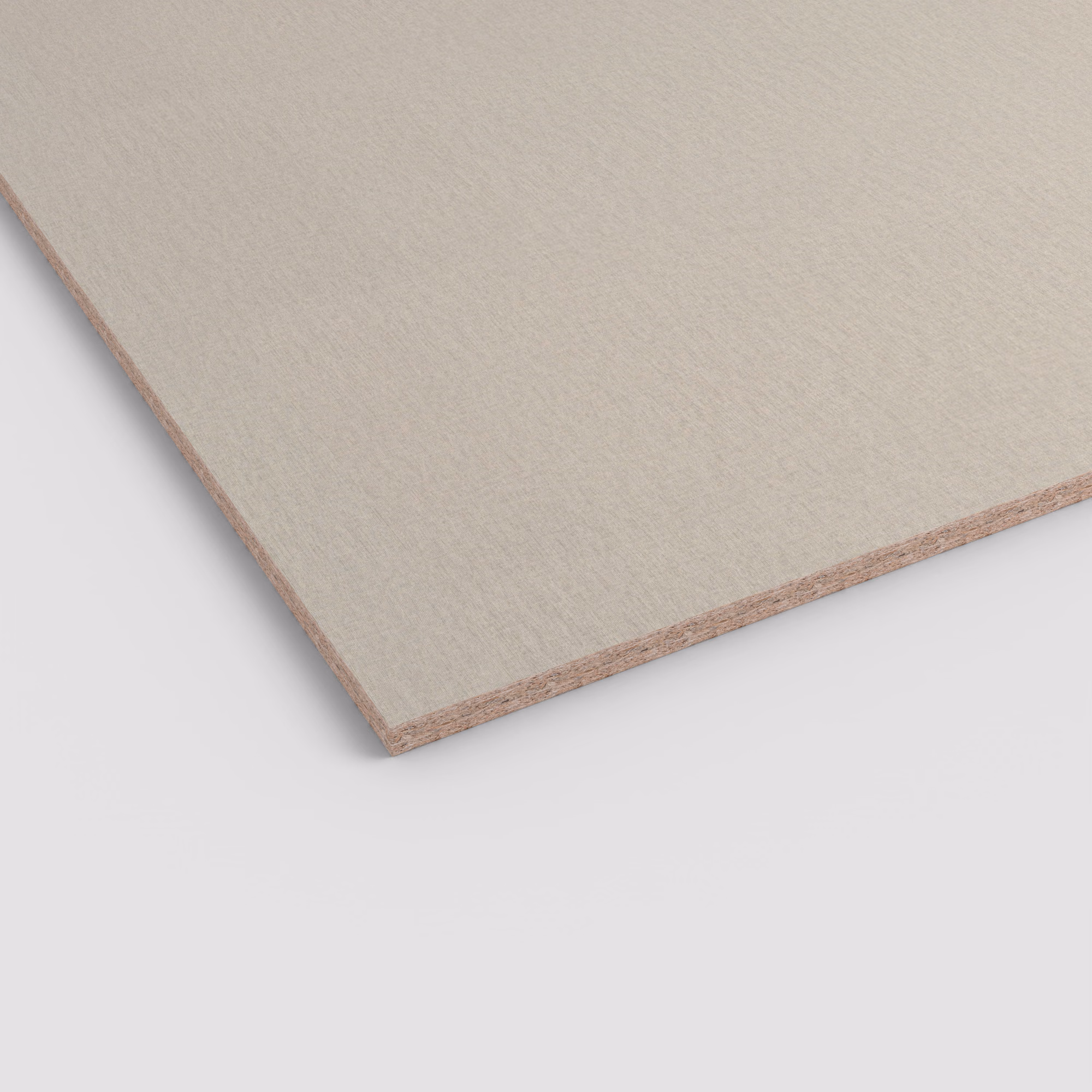 egger-19-mm-egger-eurodekor-span-f417-st10-19x2070x2800mm-recyclebar-abriebfest-fantasy-lichtecht-antimikrobielle-oberflaeche-span-01 EGGER Dekorspanplatte F417 ST10, 19 mm stark. Die Platte hat eine matte, hellbeige-graue Oberfläche und zeigt den typischen Spanplattenkern an der Kante. Abriebfestes Fantasy Dekor.
