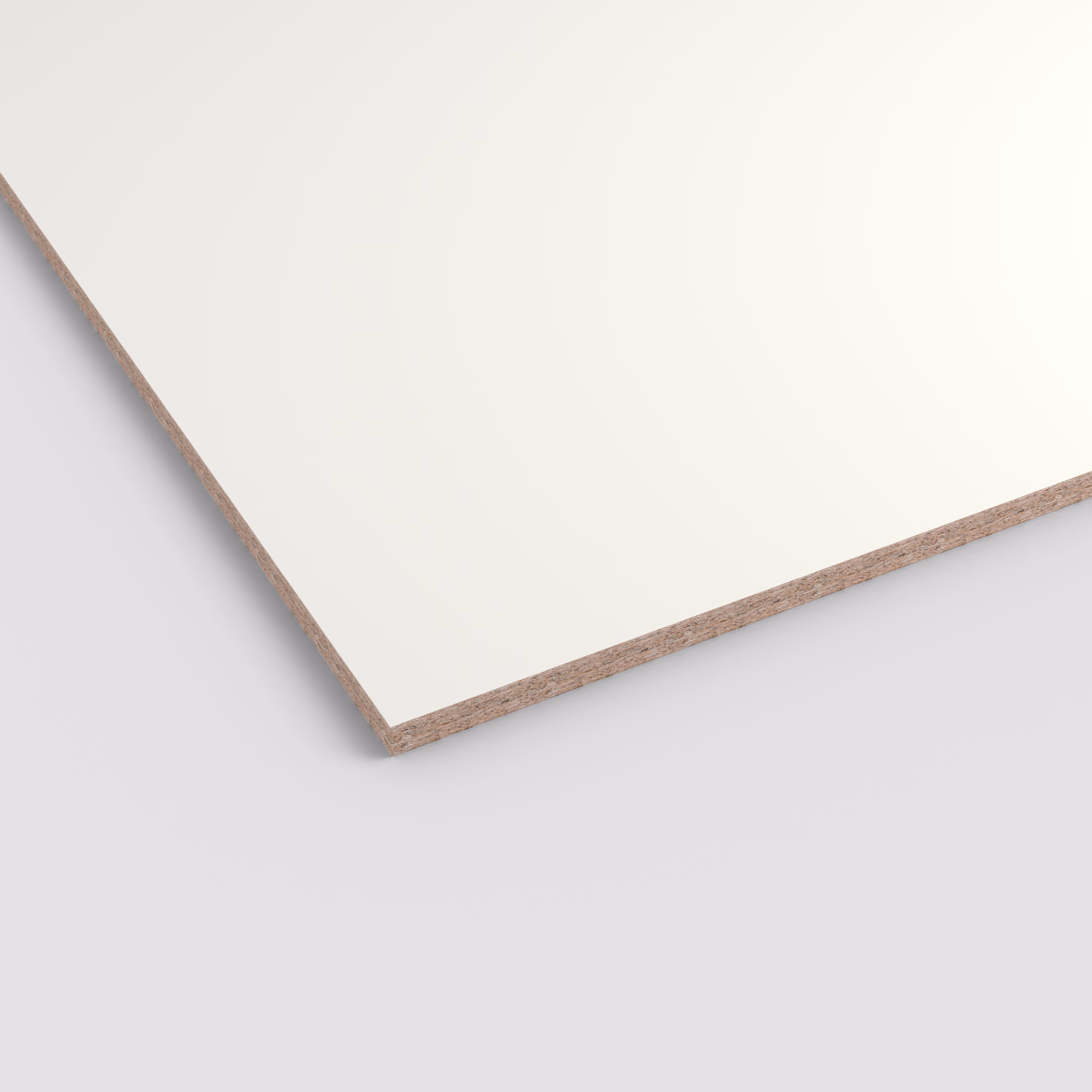 EGGER Dekorspanplatte W1001 ST9 Premiumweiss: Glatte, matte weiße Oberfläche mit sichtbarem 19,2 mm Spanplattenkern an der Kante. Abriebfest und antimikrobiell beschichtet.