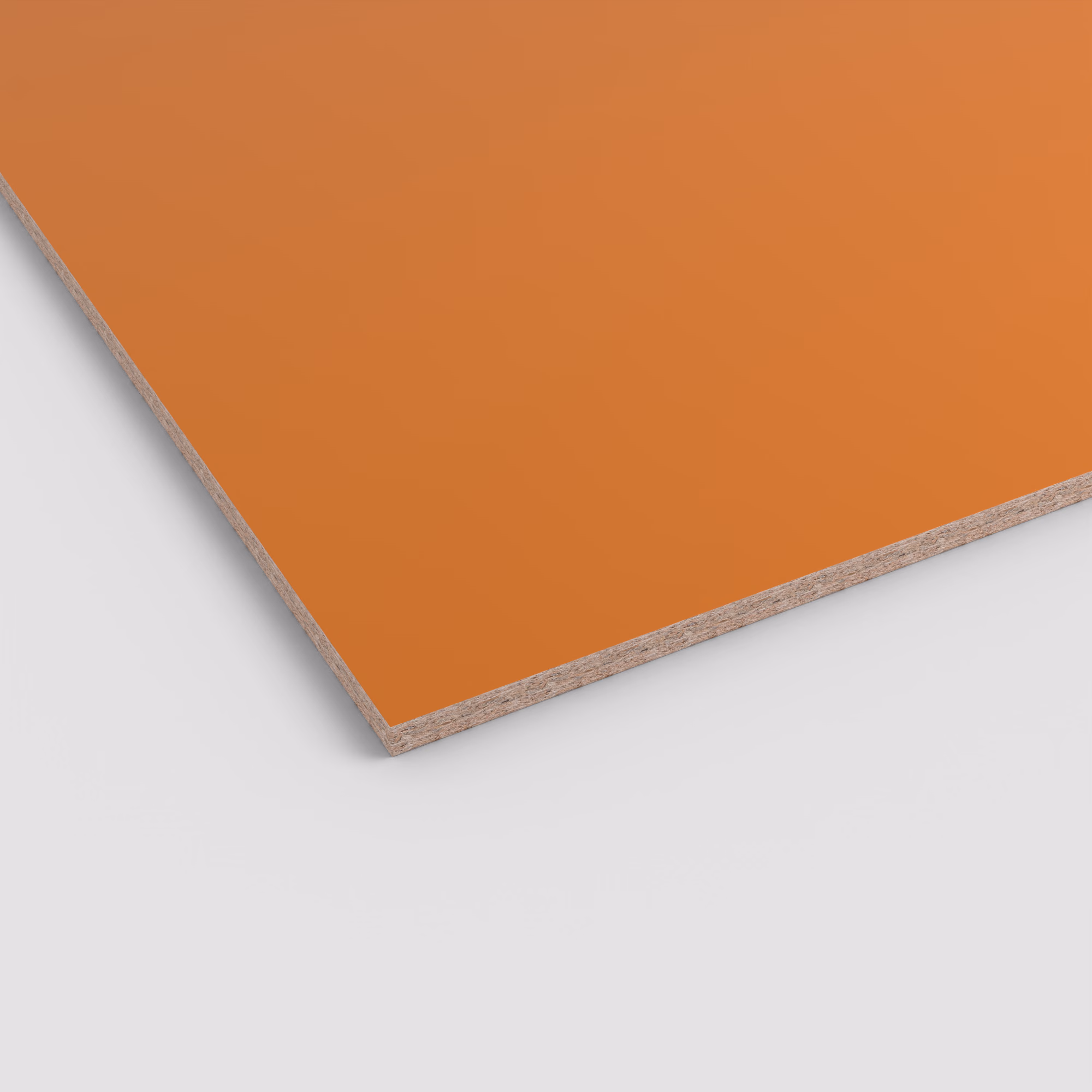 EGGER Eurodekor Spanplatte U350 ST9 in Orange matt. 19 mm starkes Großformat 2800 x 2070 mm mit sichtbarem Spankern an der Kante.