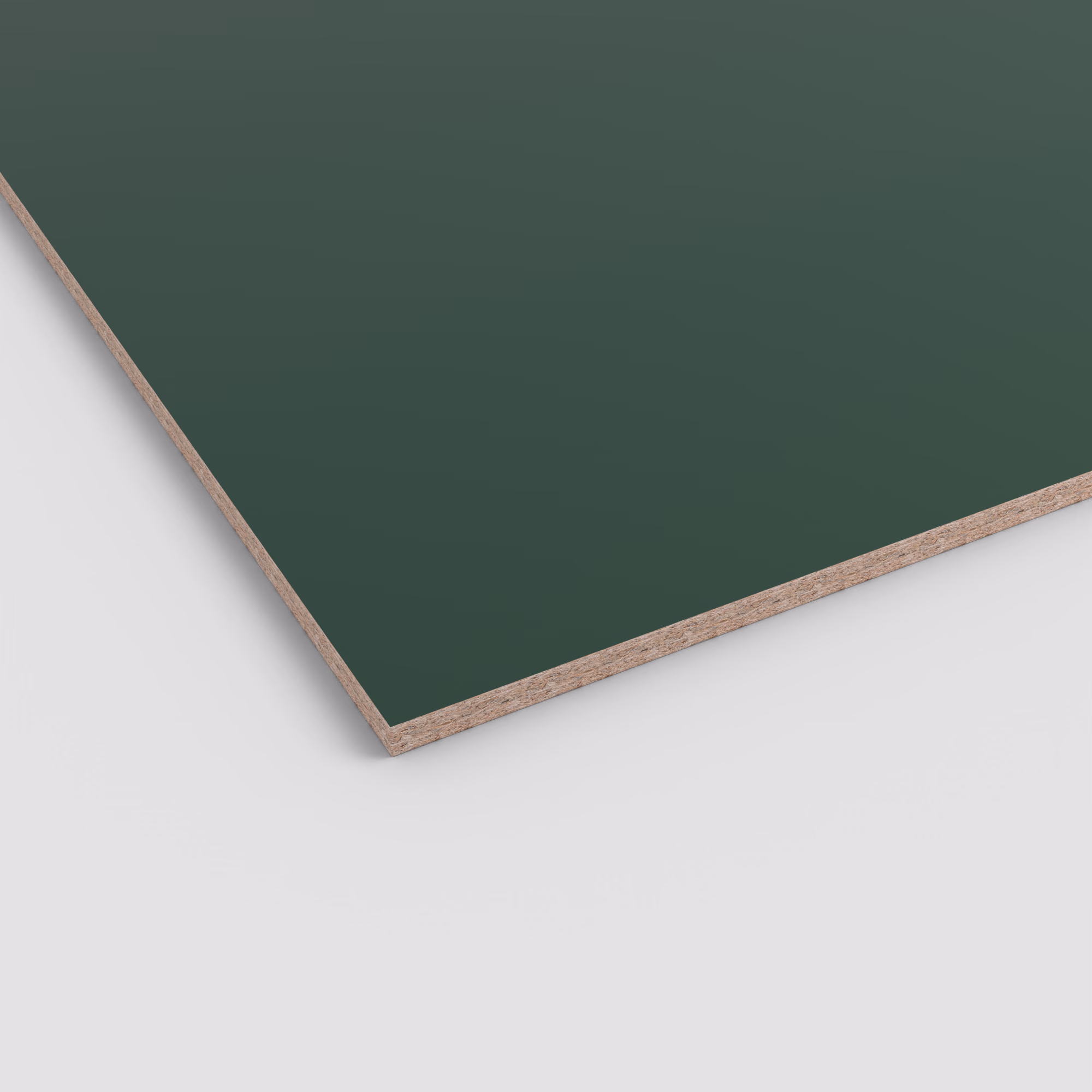 Dunkelgrüne EGGER Dekorspanplatte U606 ST9 mit matter Oberfläche. Die Ecke zeigt den sichtbaren, 8 mm starken Spanplattenkern. Robust und lichtecht.