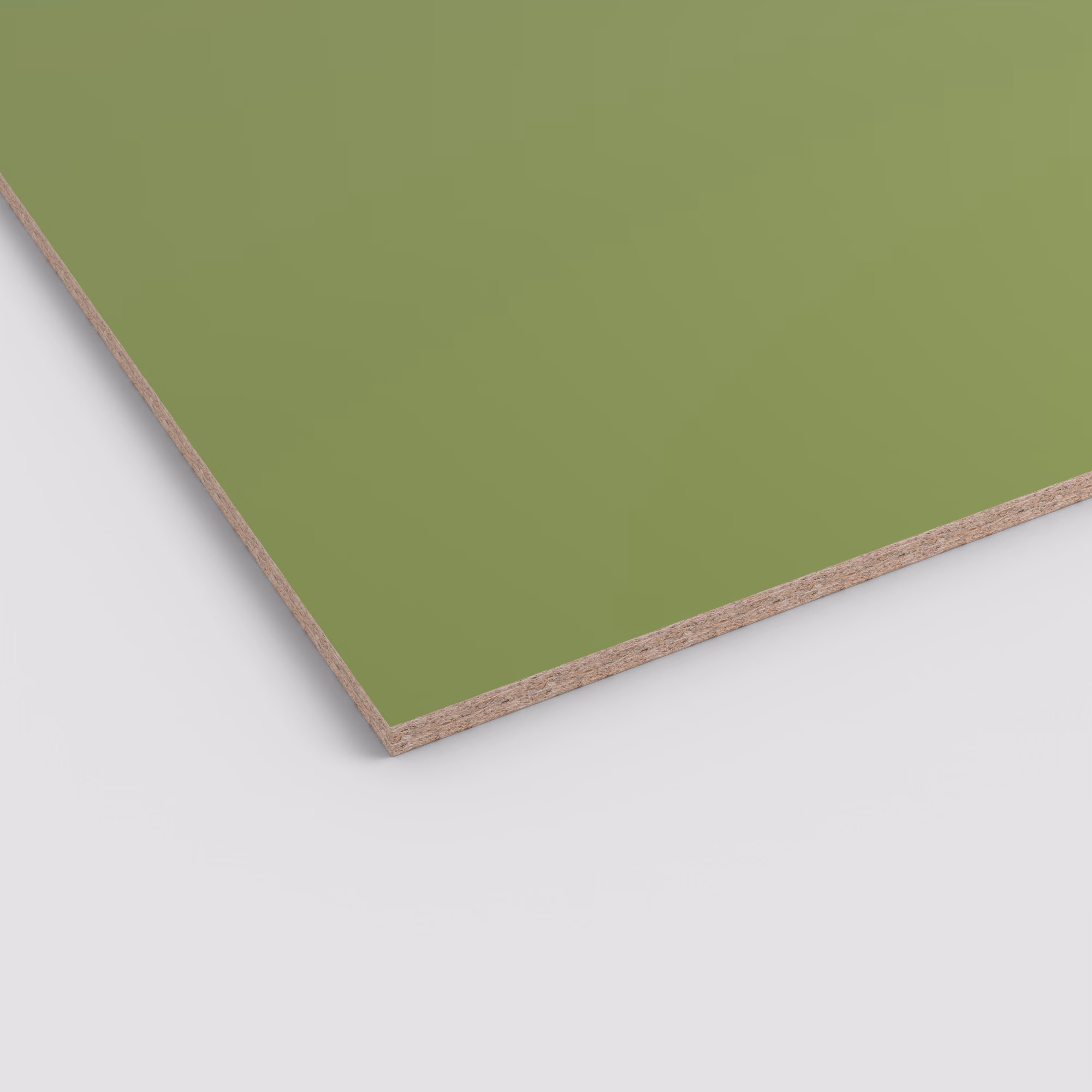 egger-19-mm-egger-eurodekor-span-u626-st9-19x2070x2800mm-recyclebar-abriebfest-lichtecht-antimikrobielle-oberflaeche-span-01 Mattgrüne EGGER Eurodekor Spanplatte U626 ST9. Anschnitt zeigt den stabilen Spanplattenkern. 19 mm stark, abriebfeste und antimikrobielle Oberfläche.