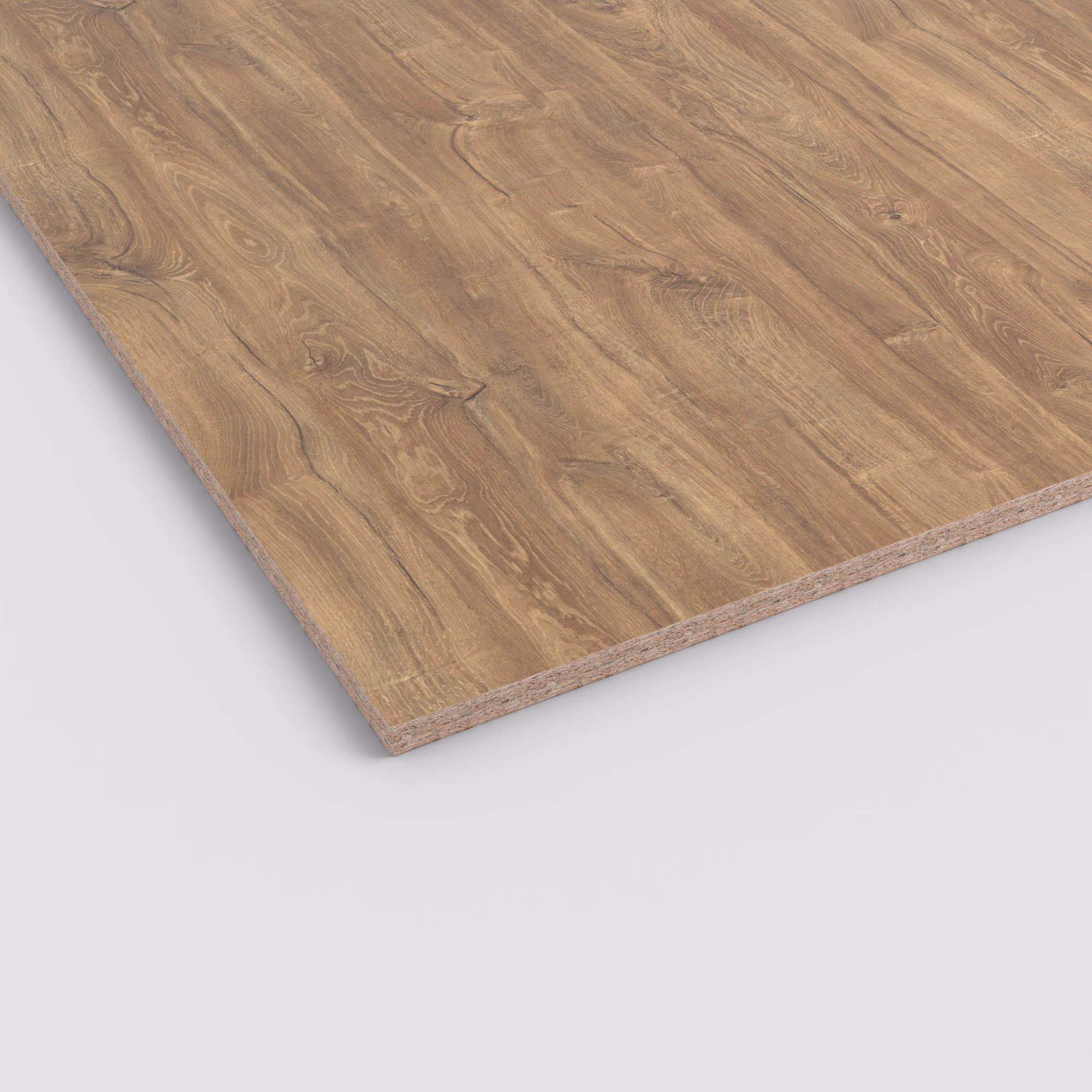 egger-19-mm-egger-eurodekor-span-h1113-st10-19x2070x2800mm-recyclebar-abriebfest-lichtecht-antimikrobielle-oberflaeche-span-01 Egger Dekorspanplatte H1113 ST10 mit 19 mm Stärke. Ansicht der braunen Eichenoptik-Oberfläche mit markanter Maserung und der sichtbaren Span-Kante.