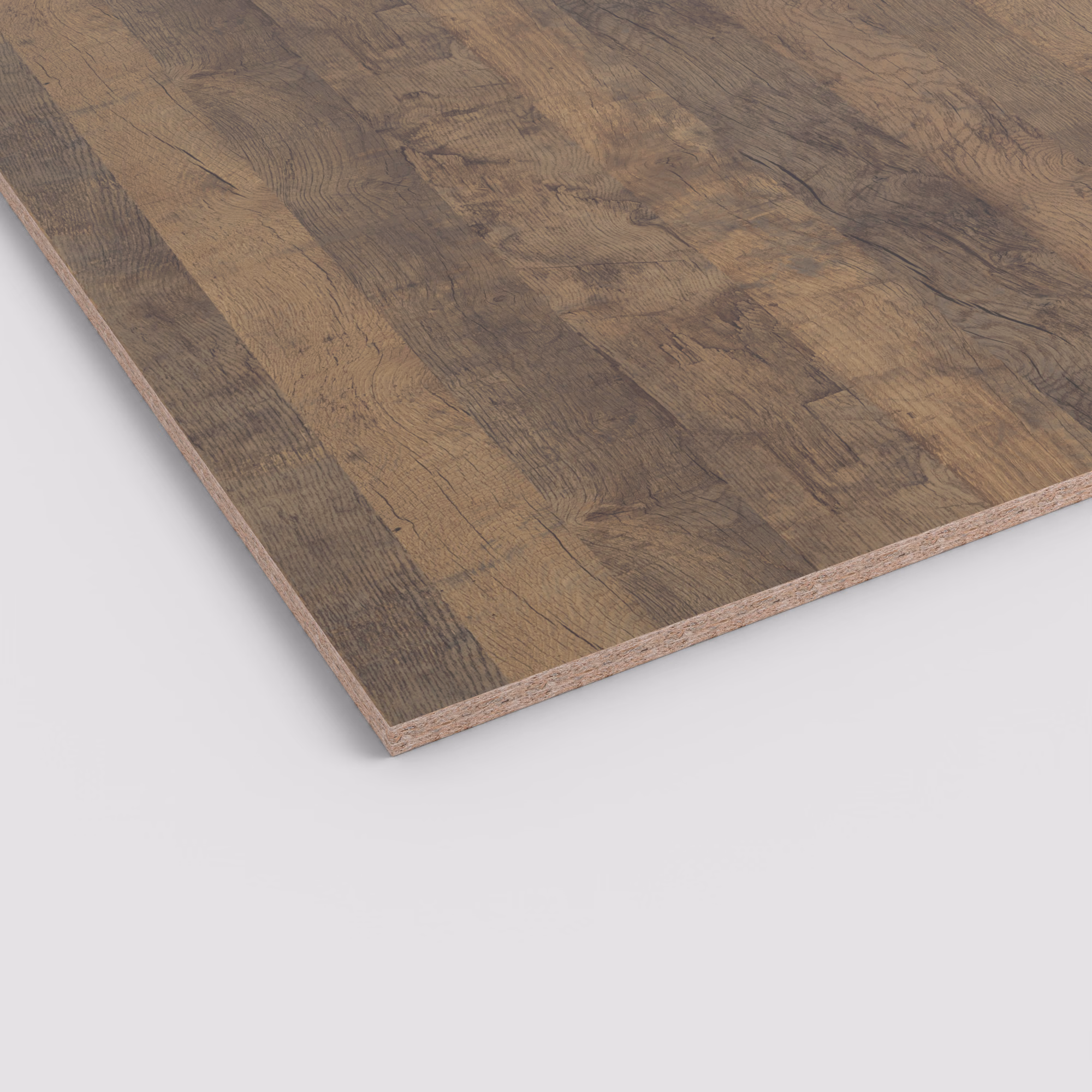 egger-19-mm-egger-eurodekor-span-h1330-st10-19x2070x2800mm-recyclebar-abriebfest-lichtecht-antimikrobielle-oberflaeche-span-01 EGGER Eurodekor Spanplatte H1330 ST10 mit dunkler, rustikaler Altholz-Maserung und Rissen. Die 19 mm starke Kante offenbart den Span-Kern. Abriebfeste Oberfläche.