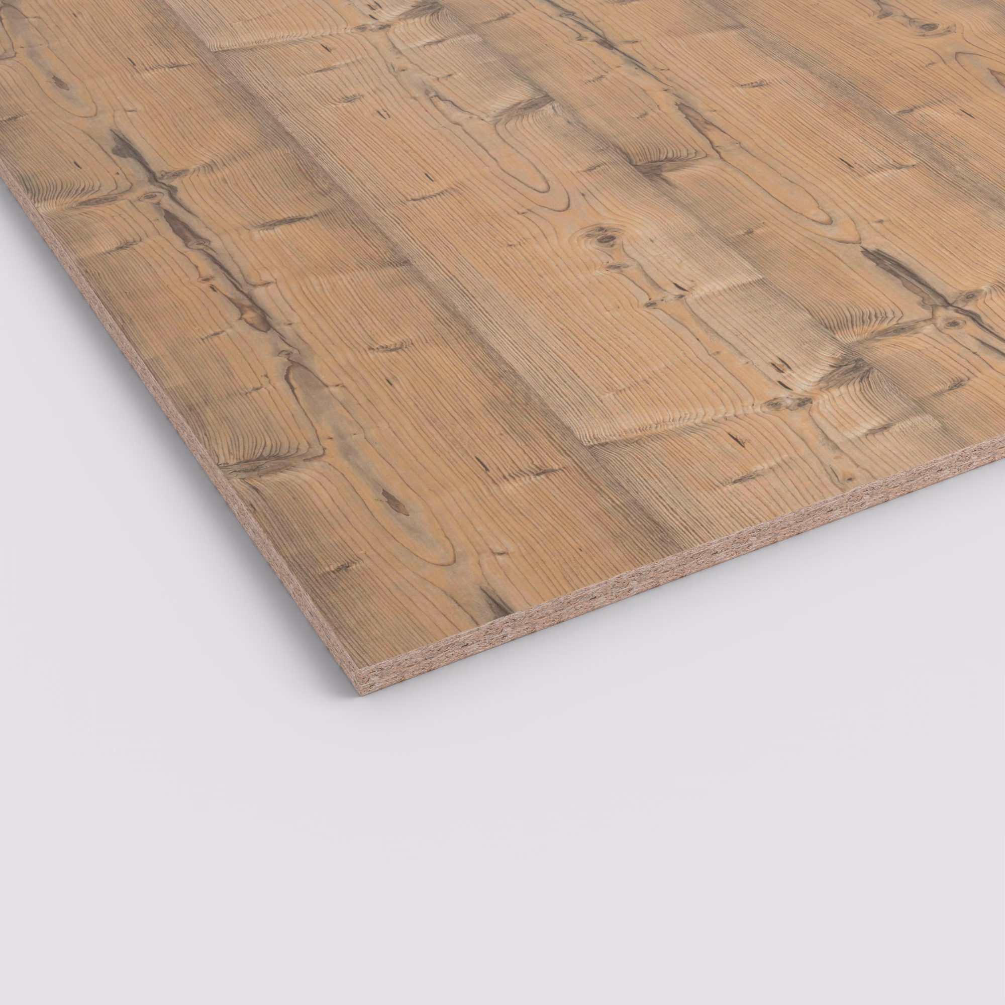 egger-25-mm-egger-eurodekor-span-h1487-st22-25x2070x2800mm-recyclebar-abriebfest-lichtecht-antimikrobielle-oberflaeche-span-01 EGGER Dekorspanplatte H1487 ST22 (25 mm) mit rustikalem Holzdekor in warmem Braun, geprägt von starken Ästen und Rissen. Die Kante zeigt den Spanplattenkern.