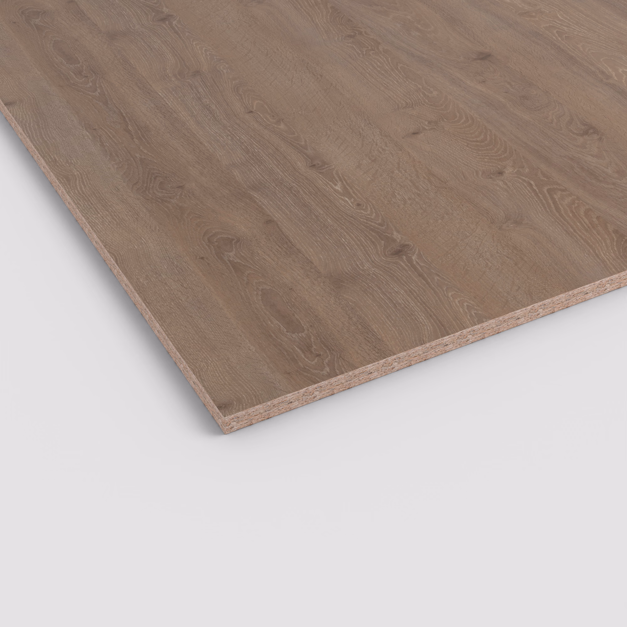egger-25-mm-egger-eurodekor-span-h3133-st12-25x2070x2800mm-recyclebar-abriebfest-lichtecht-antimikrobielle-oberflaeche-span-01 Egger Dekorspanplatte H3133 in mittelbrauner Eichenoptik mit realistischer Maserung. Die Schnittkante zeigt den 25 mm starken Spanplattenkern.