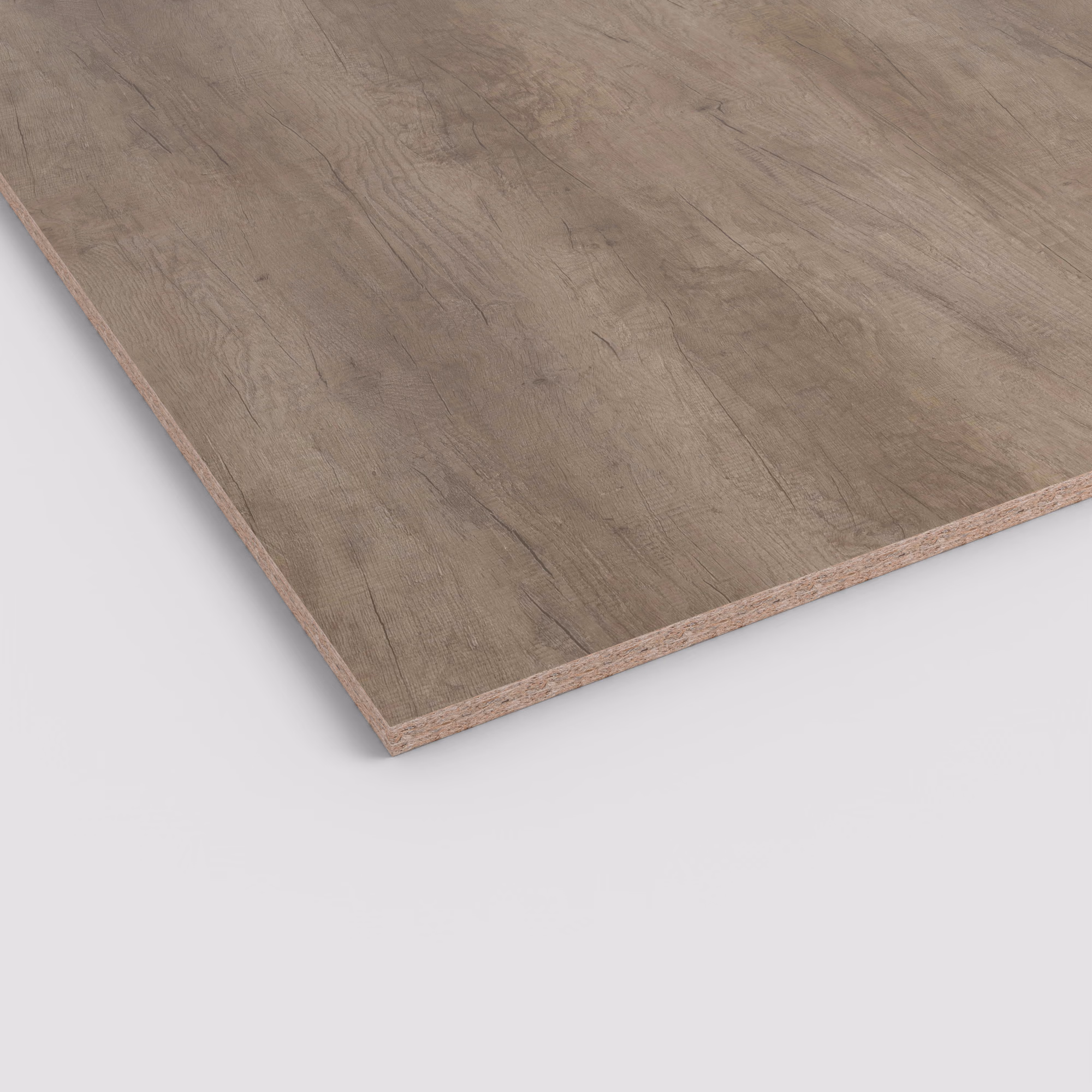 egger-19-mm-egger-eurodekor-span-h3332-st10-19x2070x2800mm-recyclebar-abriebfest-lichtecht-antimikrobielle-oberflaeche-span-01 Egger Eurodekor Spanplatte H3332 ST10 in 19mm. Die Oberfläche zeigt eine rustikale Eichenoptik in Braun-Grau mit authentischer Maserung und Rissen. Die Kante offenbart den Span-Träger.