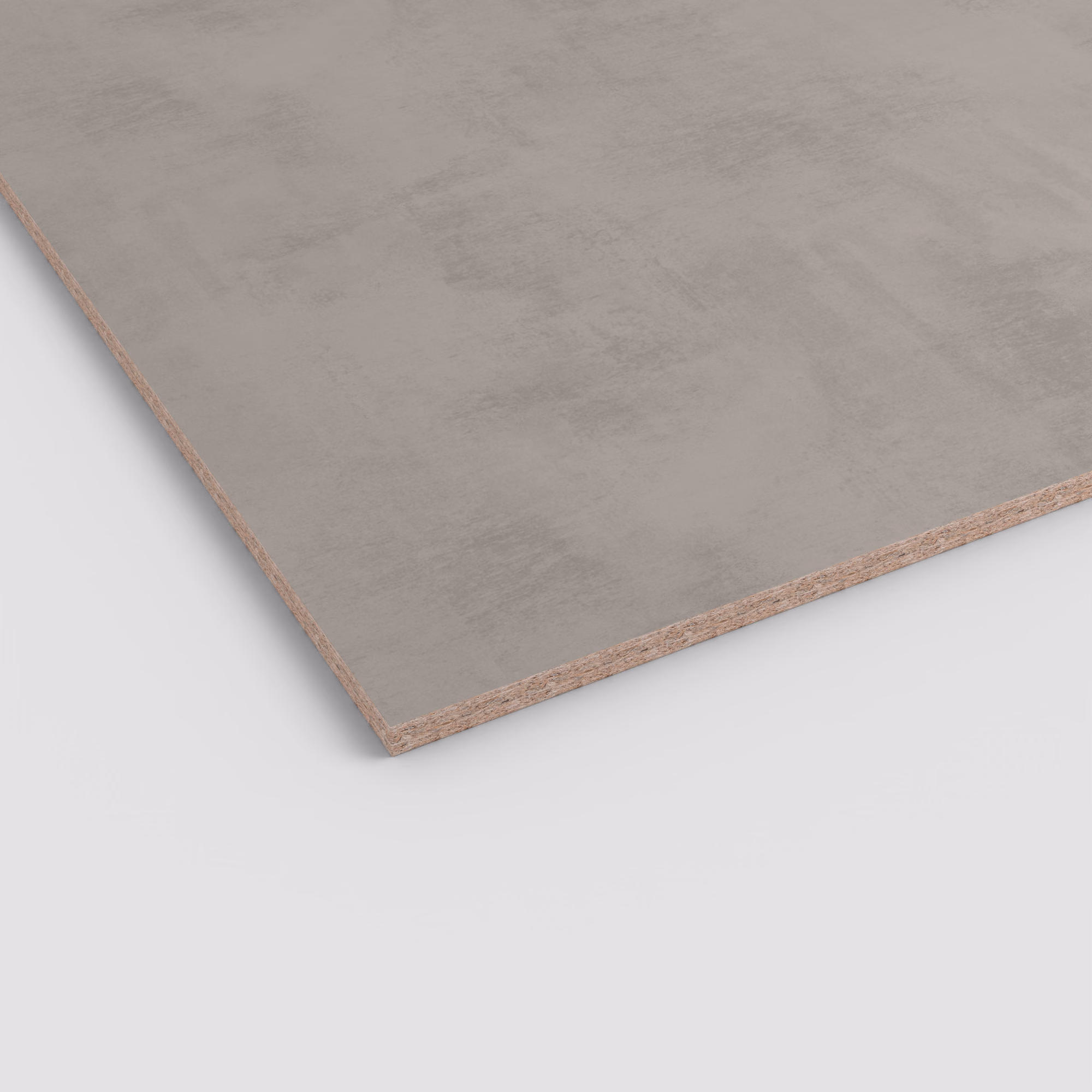 egger-19-mm-egger-eurodekor-span-f638-st10-19x2070x2800mm-recyclebar-abriebfest-lichtecht-antimikrobielle-oberflaeche-span-01 19mm Egger Eurodekor Spanplatte F638 ST10. Die graue, wolkige Oberfläche mit matter Struktur ist auf einem sichtbaren Spanplattenkern aufgebracht.