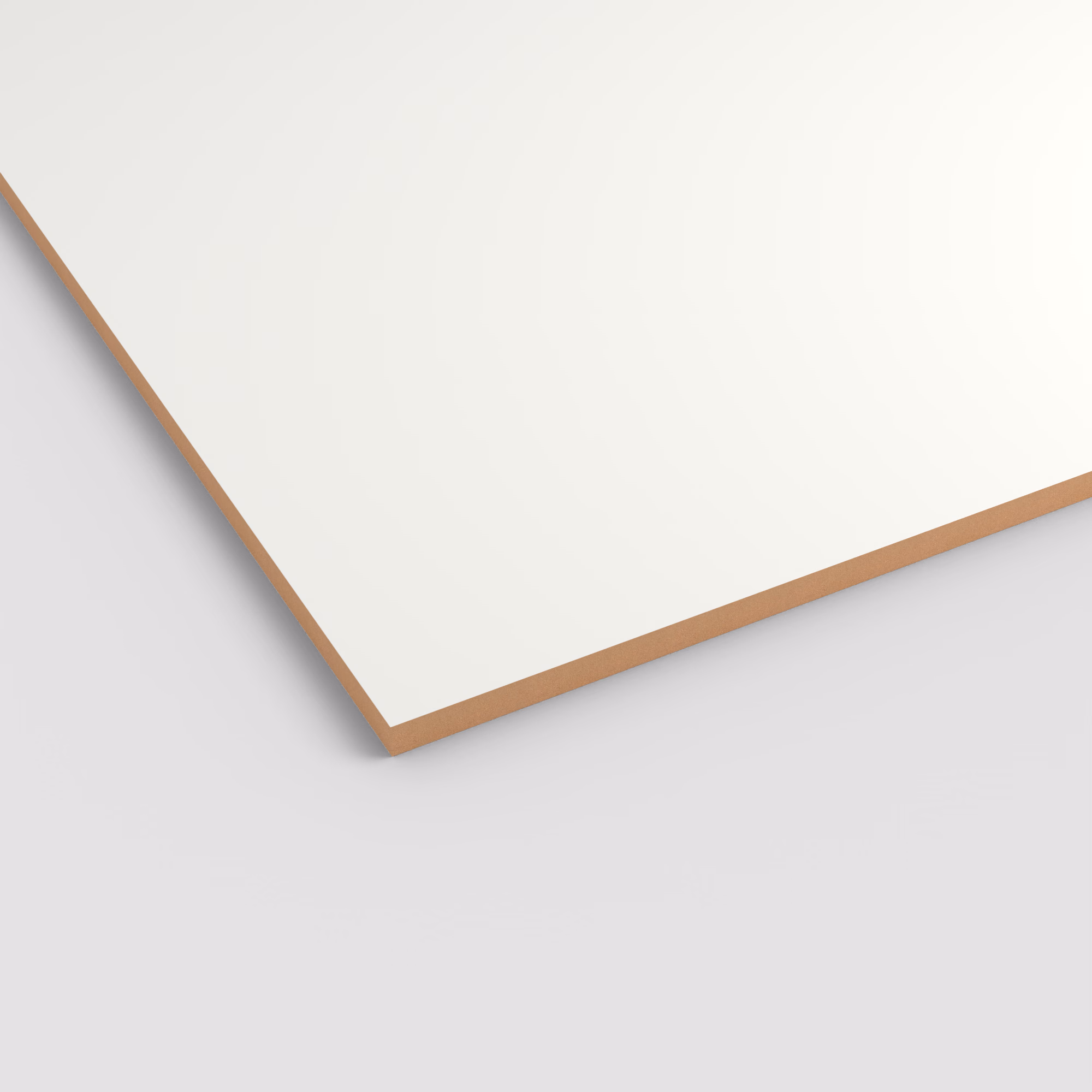 egger-19-mm-egger-perfectsense-gloss-lackplatten-mdf-w1100-pg-19x2070x2800mm-weiss-antibakterielle-oberflaeche-vertraeglich-mit-haushaltsueblichen-reinigern-mdf-01 EGGER PerfectSense Gloss Lackplatte in Weiß (W1100). Die Nahaufnahme zeigt die hochglänzende, glatte Oberfläche und den braunen 19 mm MDF-Trägerkern an der Schnittkante.
