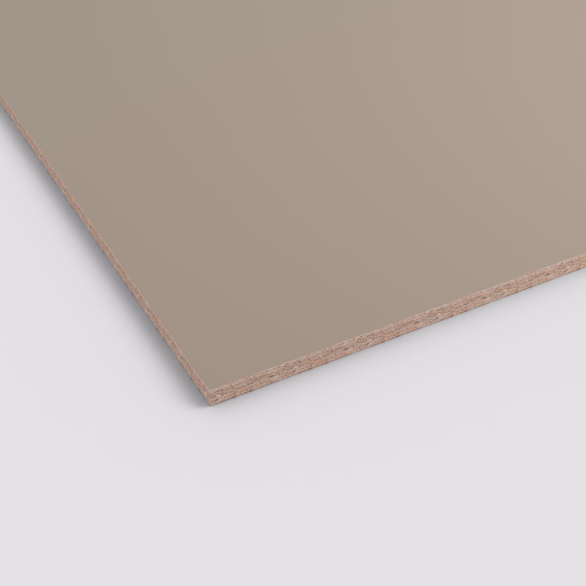Egger PerfectSense Gloss Platte in glänzendem Steingrau (U727). Die Aufnahme zeigt die glatte Oberfläche und die Kante des 19mm starken MDF-Trägermaterials.