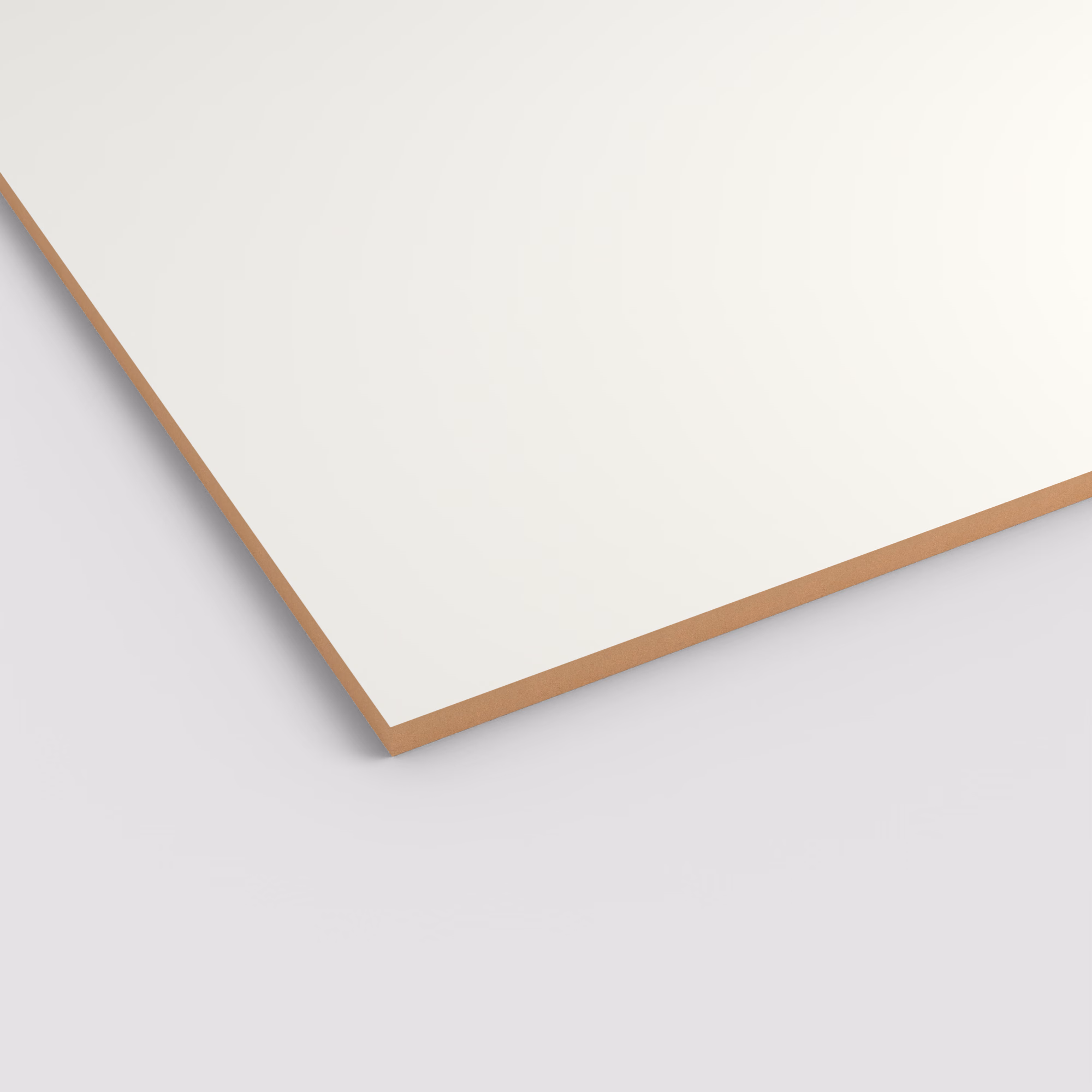 EGGER PerfectSense Matt MDF Platte in Weiß W1000. Ansicht der supermatten Oberfläche und der 19 mm starken braunen Kante. Kratzfest und antibakteriell.