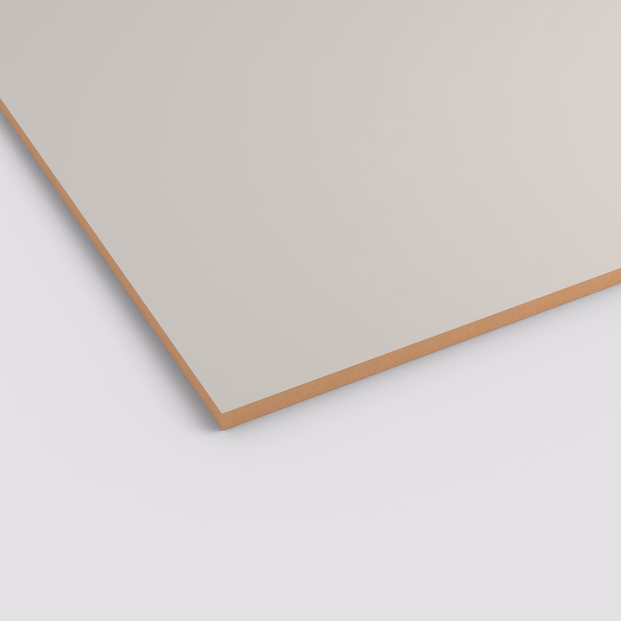 Egger PerfectSense Matt MDF Platte U708 PM in mattem Hellgrau. Die 19 mm starke Platte zeigt eine robuste, kratzfeste und antibakterielle Oberfläche sowie den braunen MDF-Kern an der Kante.