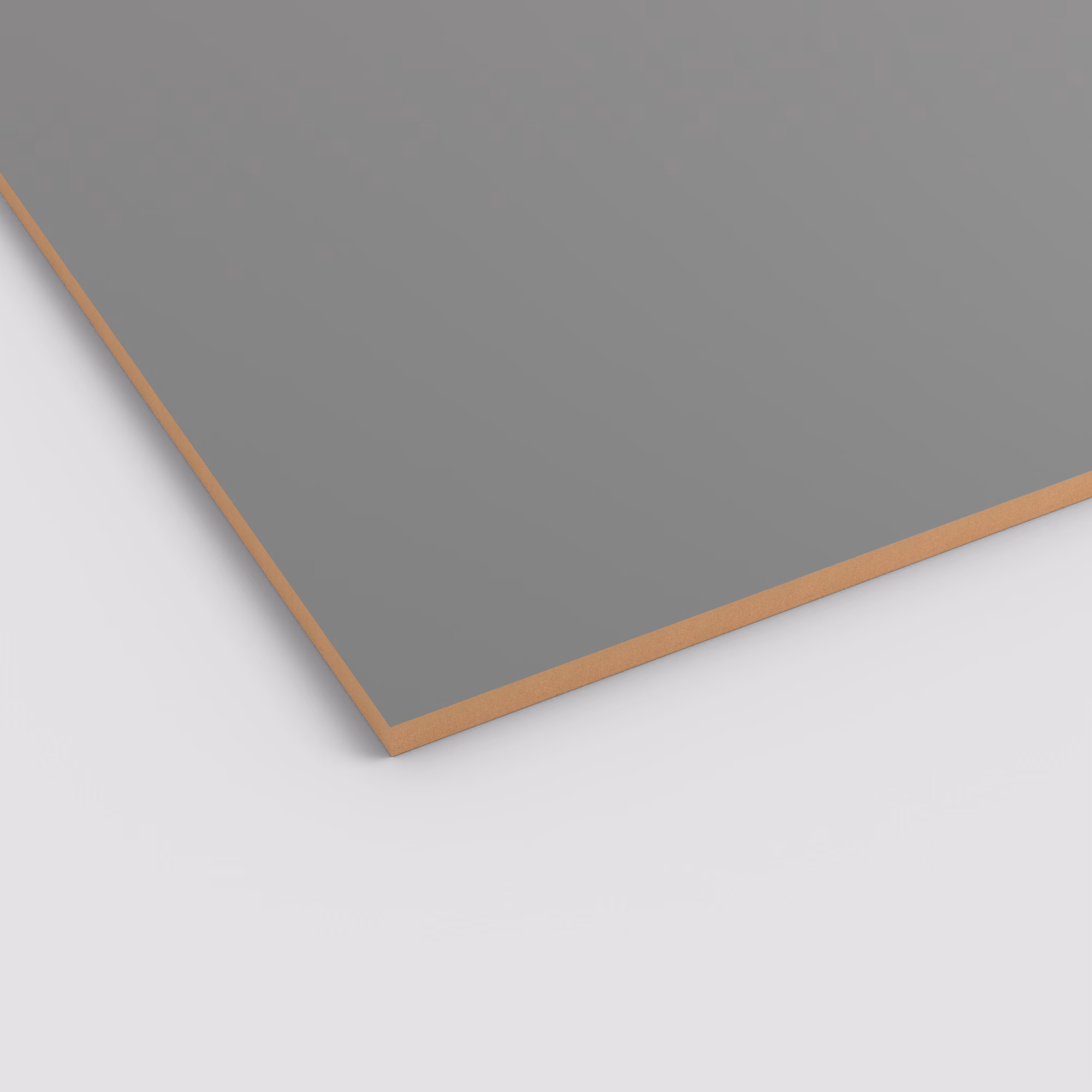 Matte EGGER PerfectSense MDF Platte U732 PM in Grau. Die Kante zeigt den 19mm starken braunen Kern der Lackplatte.