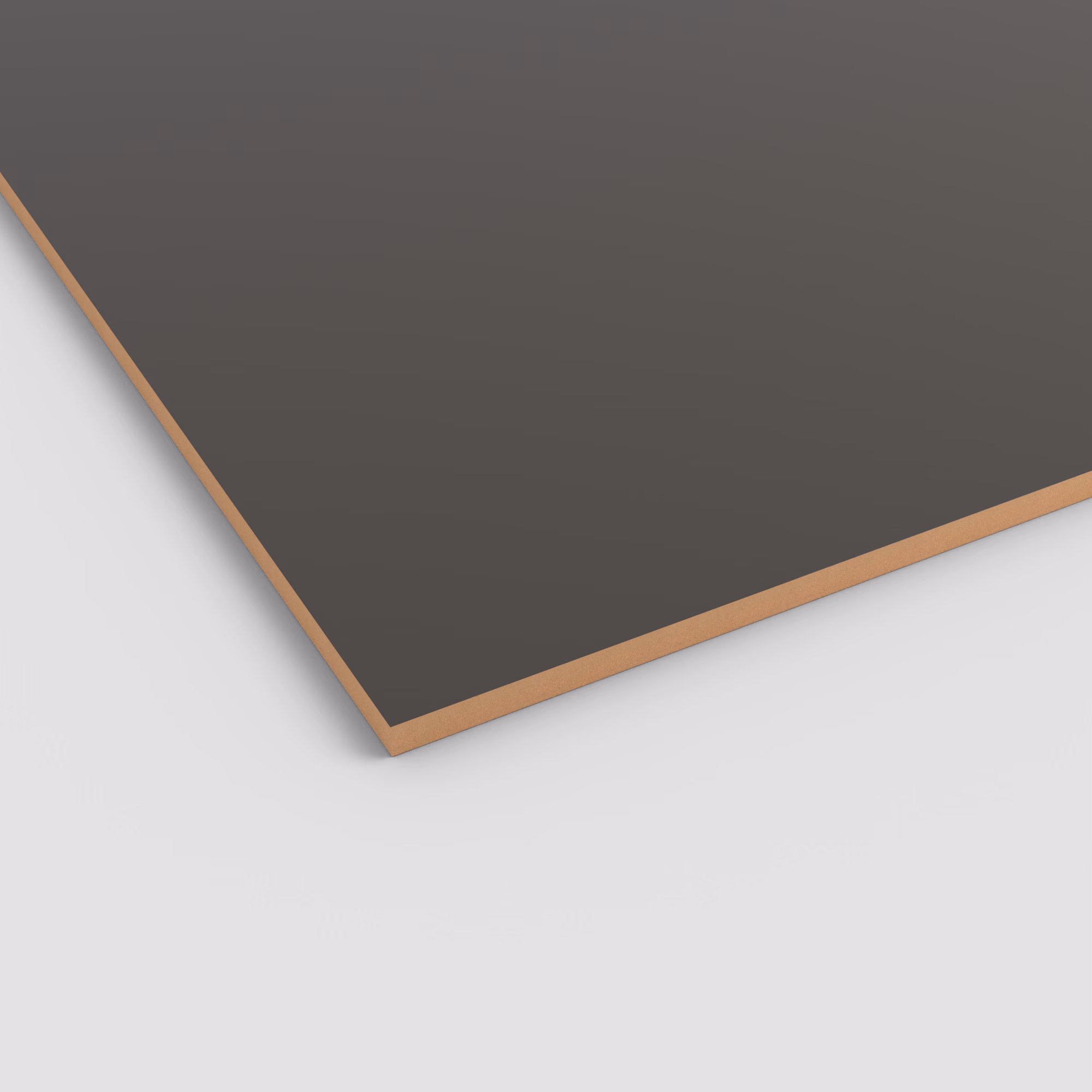Matte Egger PerfectSense MDF-Platte in Dunkelgrau (U961 PM). Die 19mm starke Lackplatte ist kratzfest und antibakteriell, mit sichtbarem braunem Kern an der Schnittkante.