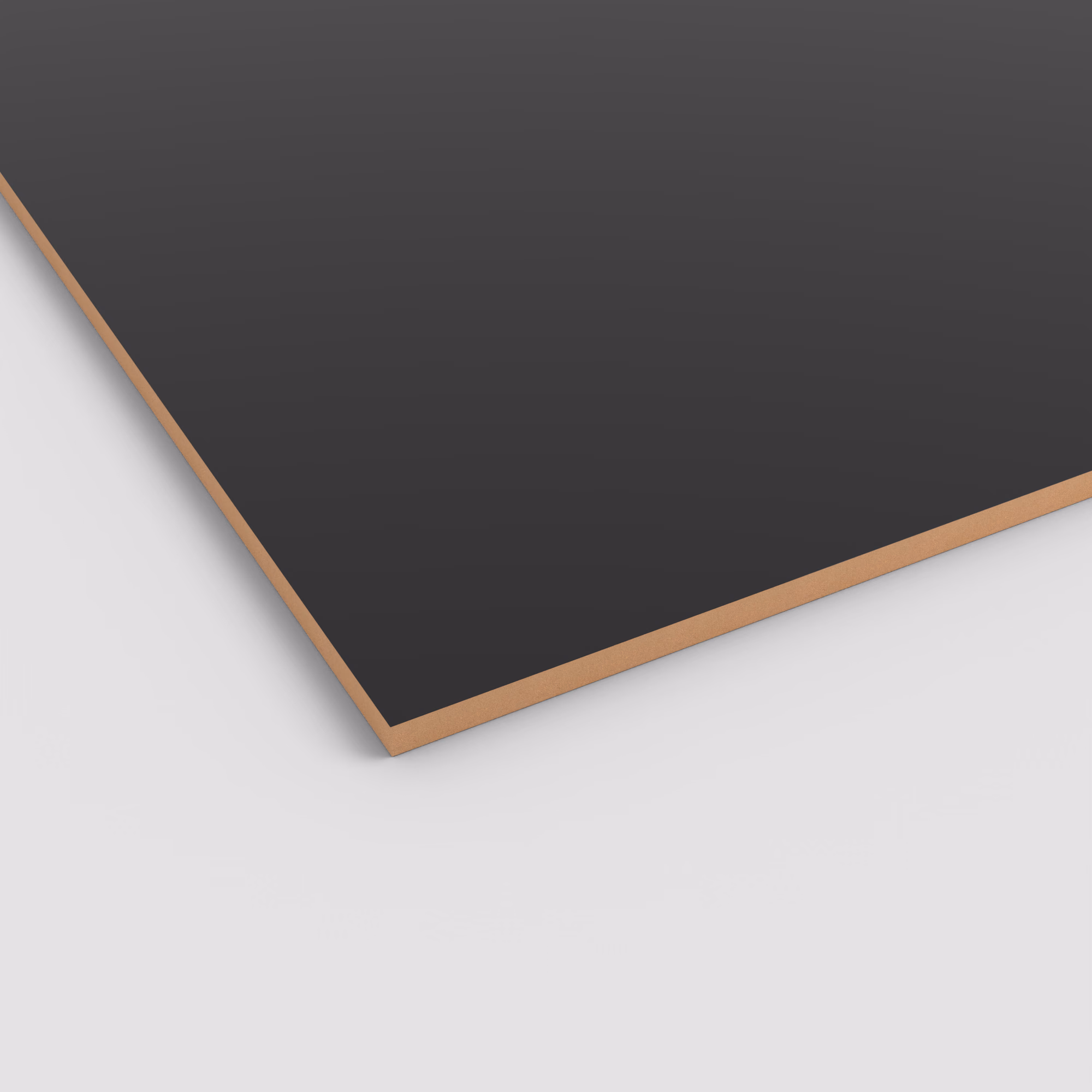 Ansicht einer 19mm Egger PerfectSense Matt MDF Platte U999 PM. Zeigt die tiefschwarze, supermatte Oberfläche und den hellbraunen MDF-Kern an der Kante. Kratzfest und antibakteriell.