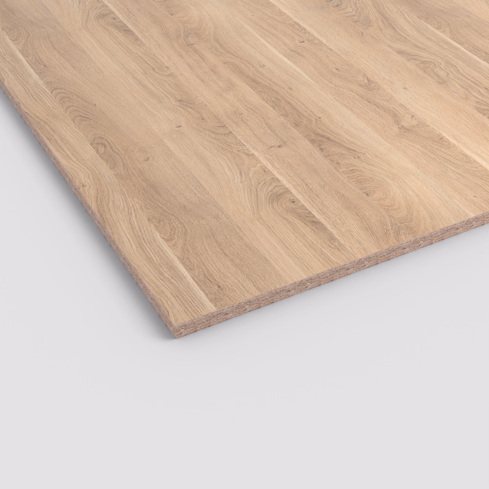 egger-196-mm-egger-perfectsense-matt-lackplatte-span-h3311-tm28-196x2070x2800mm-fleckenunempfindlich-matte-oberflaeche-antibakterielle-oberflaeche-vertraeglich-mit-haushaltsuebl-01 Egger PerfectSense Matt Spanplatte H3311 TM28, 19,6 mm stark. Helle, matte Eichenoptik mit natürlicher Maserung und Anti-Fingerprint-Oberfläche. Die Kante zeigt den Spanplattenkern.