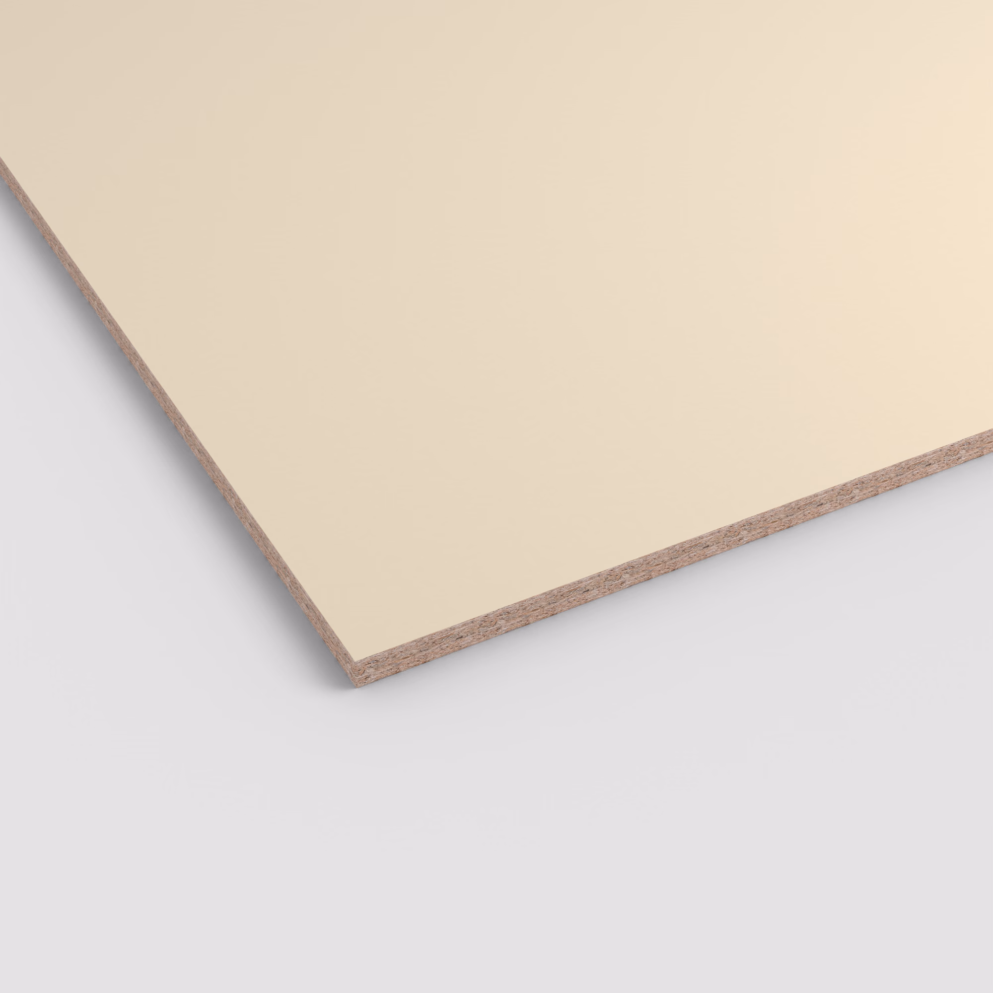 Cremefarbene EGGER Eurodekor Spanplatte U115 ST9 mit matter Oberfläche und sichtbarem Spanplattenkern an der Kante. 8mm stark, Format 2800x2070mm, abriebfest.