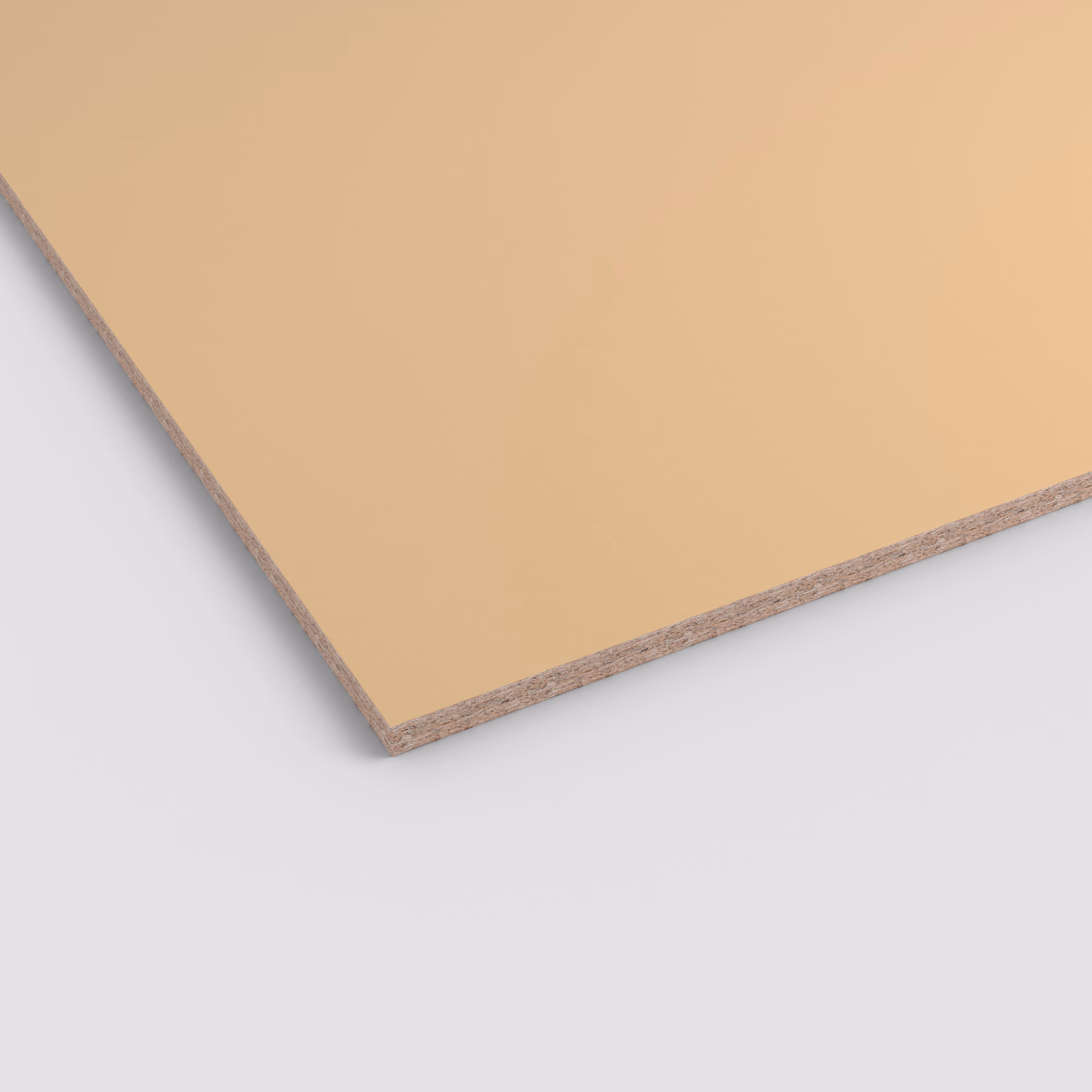 Sandbeige Egger Eurodekor Spanplatte U125 ST9. Die 8 mm starke Dekorspanplatte hat eine glatte, unifarbene Oberfläche und eine sichtbare Spanplattenkante. Lichtecht und abriebfest.