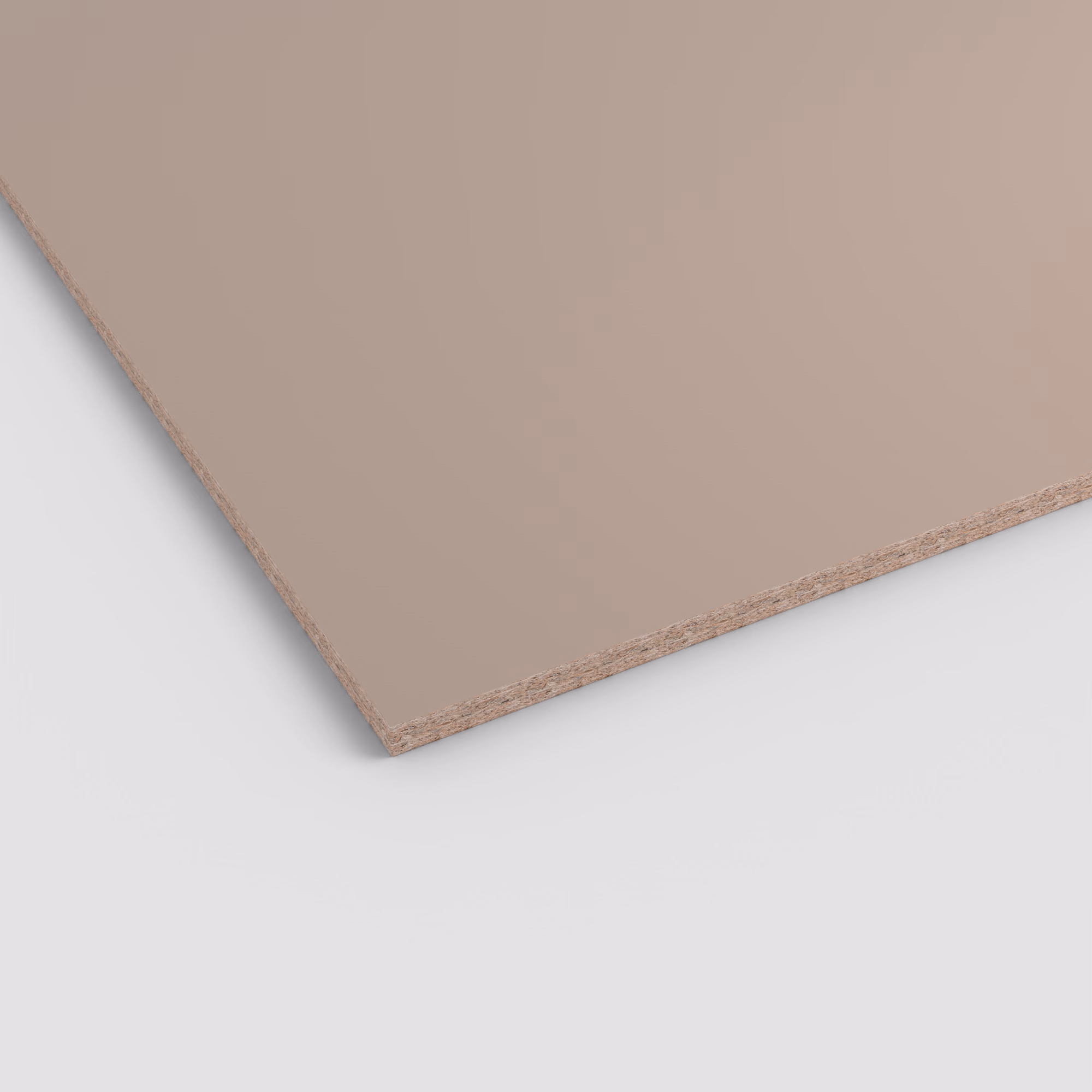 19 mm Egger Dekorspanplatte U211 mit matter, unifarbener Oberfläche in Beige-Taupe. Die abriebfeste Platte zeigt an der Schnittkante den rohen Spanplattenkern.